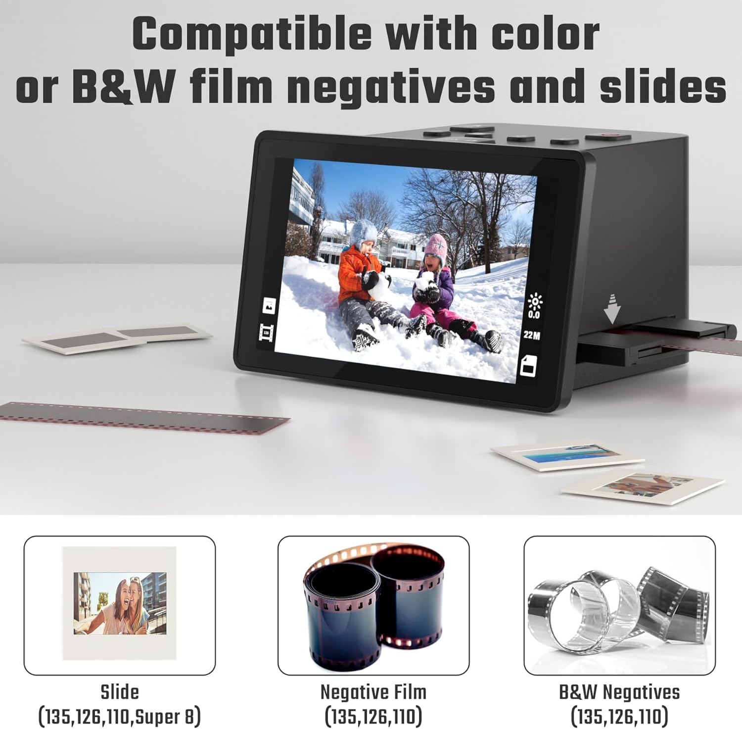 Scanner numérique de film et de diapositives avec grand écran LCD de 5 pouces, scanner de diapositives pour numériser scanner négatif, convertit 135, 126 KPK, 110 négatifs et super 8 films en 22 MP