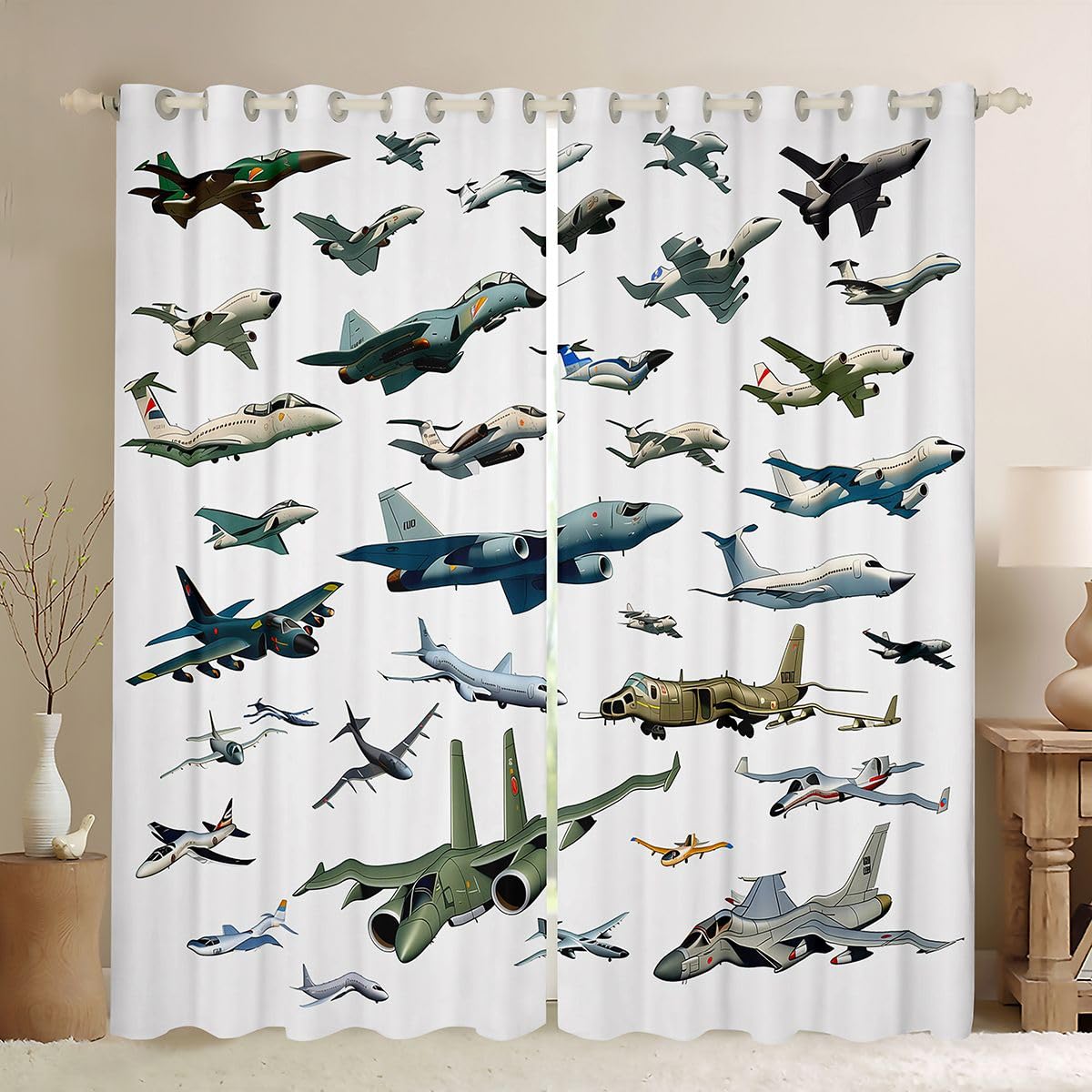 Rideaux voilage avions de chasse colorés pour salon et chambre