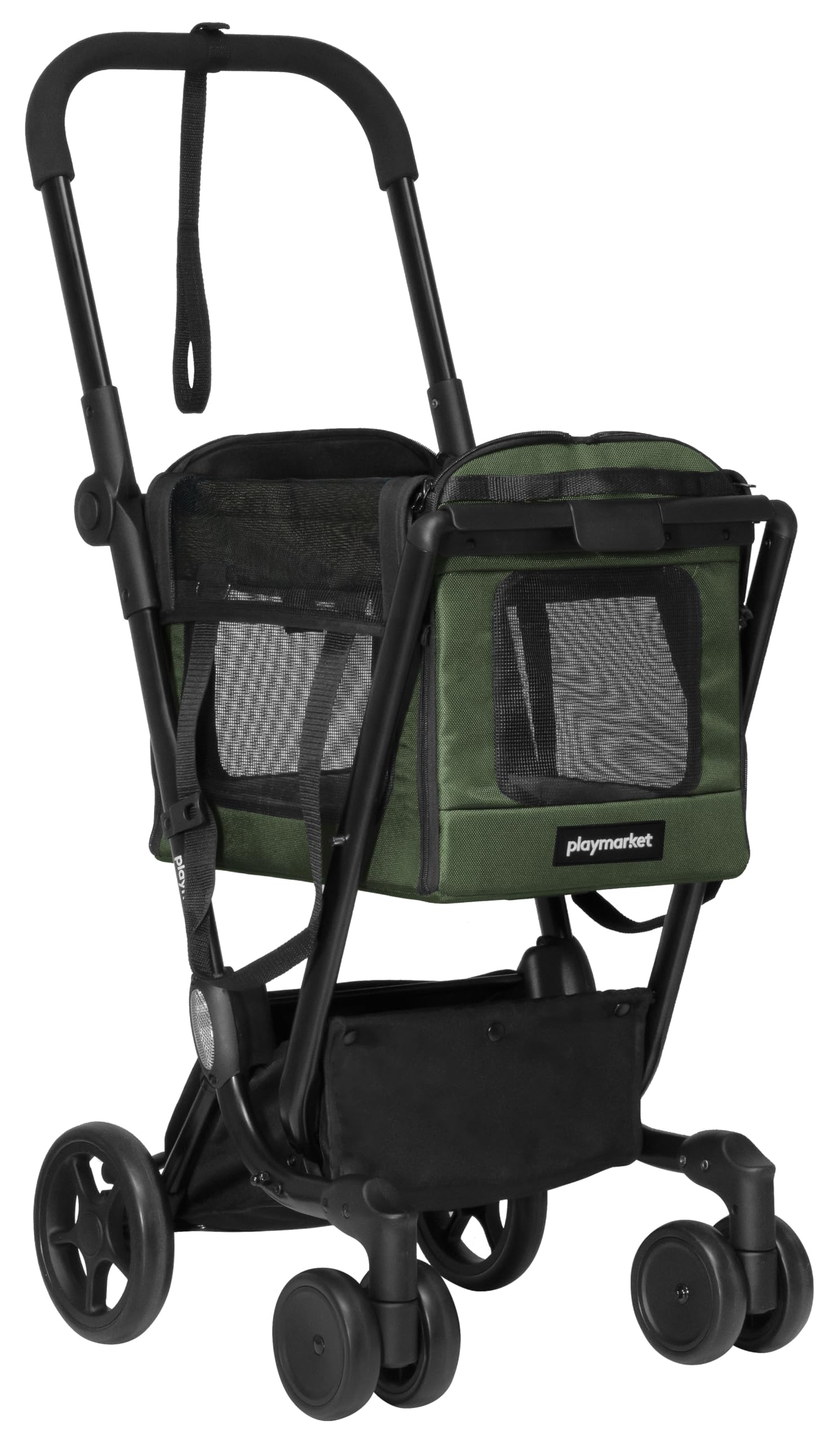 PLAYMARKET Easy go PETS Carrito para Perros 2 en 1, Bolsa de Transporte Plegable con Ventanas de Malla y Aperturas de Ventilación, Hasta 30 kg (mascota max. 6 Kg) - Color Olive (Oliva)