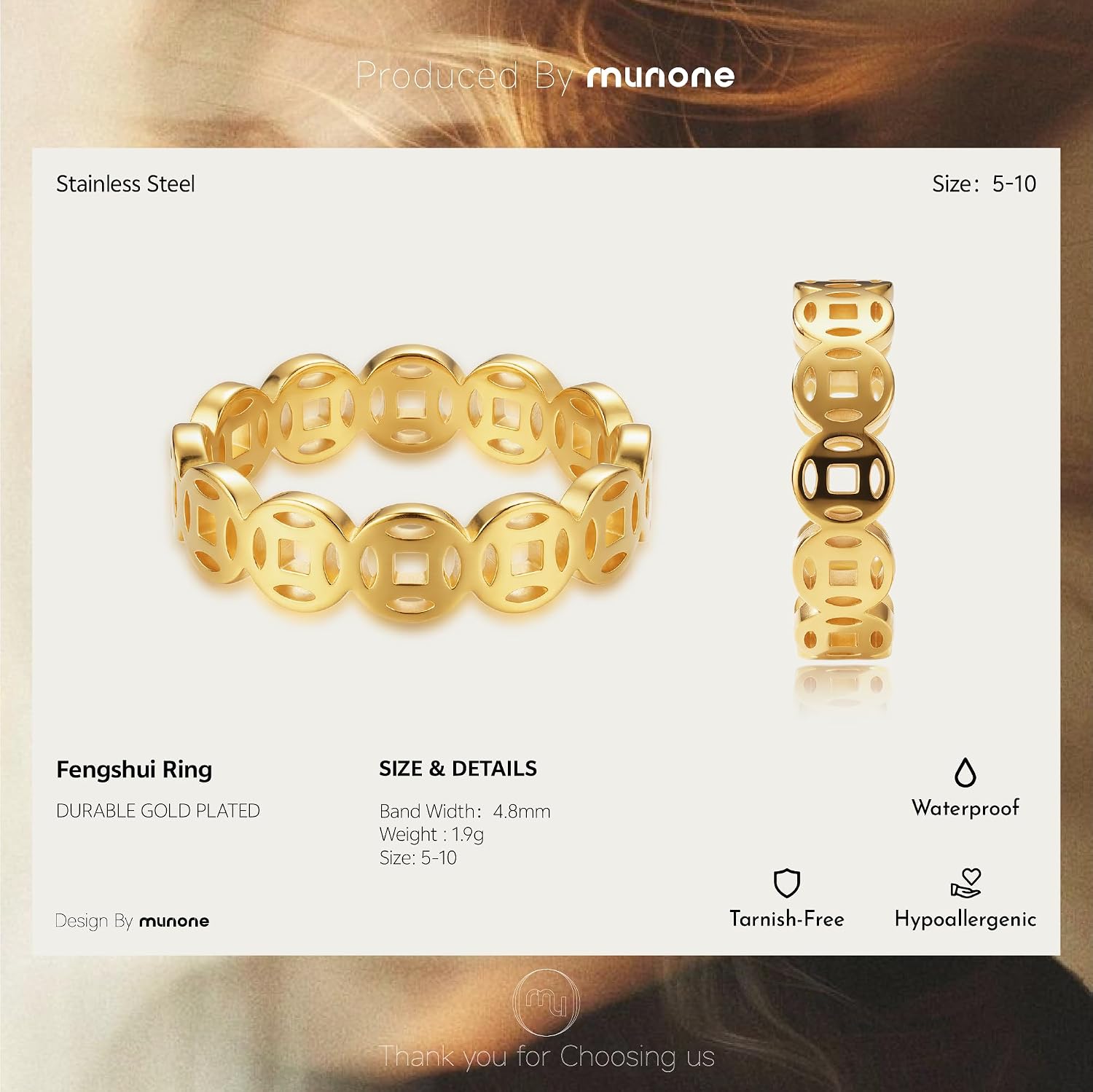 4mm Feng Shui Ring Copper Coin Ring for Women Men,18k Gold Plated Titanium and Stainless Steel Lucky Wealth Money Band