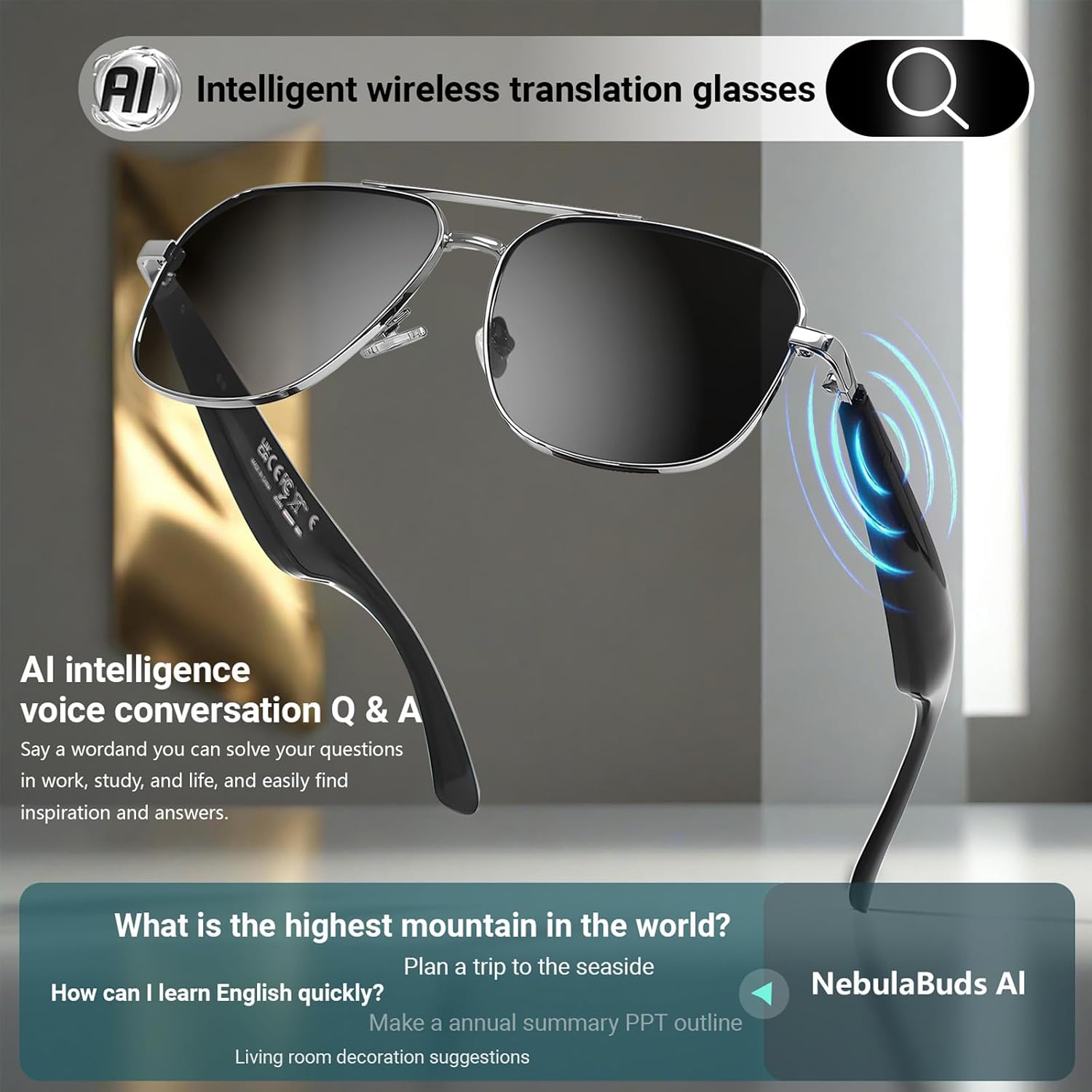 AI Smart Translation Glasses for Travel & Business, Real-Time 100+ Language Translator, Wireless Open-Earphones Design with Music Playback & Touch Control,Lightweight Eyewear (GD/BN)