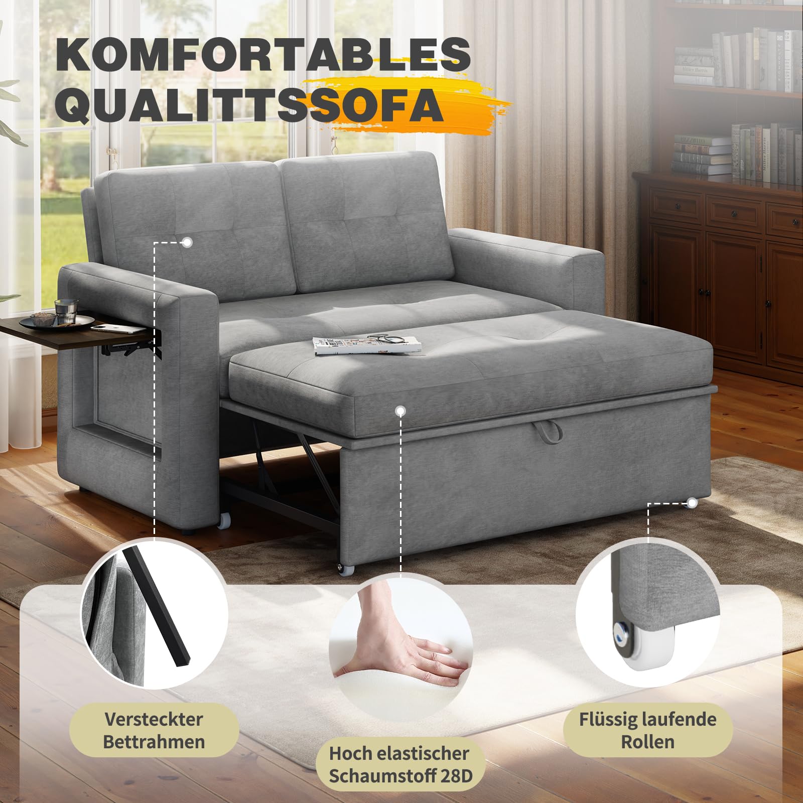 YOUDENOVA Sofa mit Schlaffunktion, Schlafsofa mit 5-stufig Verstellbarer Rückenlehne, Schlafcouch mit Bettfunktion, Couch mit Tisch & Seitentasche, 2 Sitzer Sofa Bed 177x135 cm, Chenille Grau