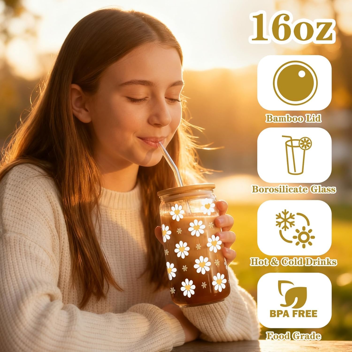 Regali per Ragazze Adolescenti di 8 9 10 11 12 13 14 15 anni, Regalo di Compleanno e Inizio scuola per Ragazza 8 ai 15 Anni, Tazza di Vetro con Coperchio e Cannuccia, Tazza da Caffè con Stampa Fiori