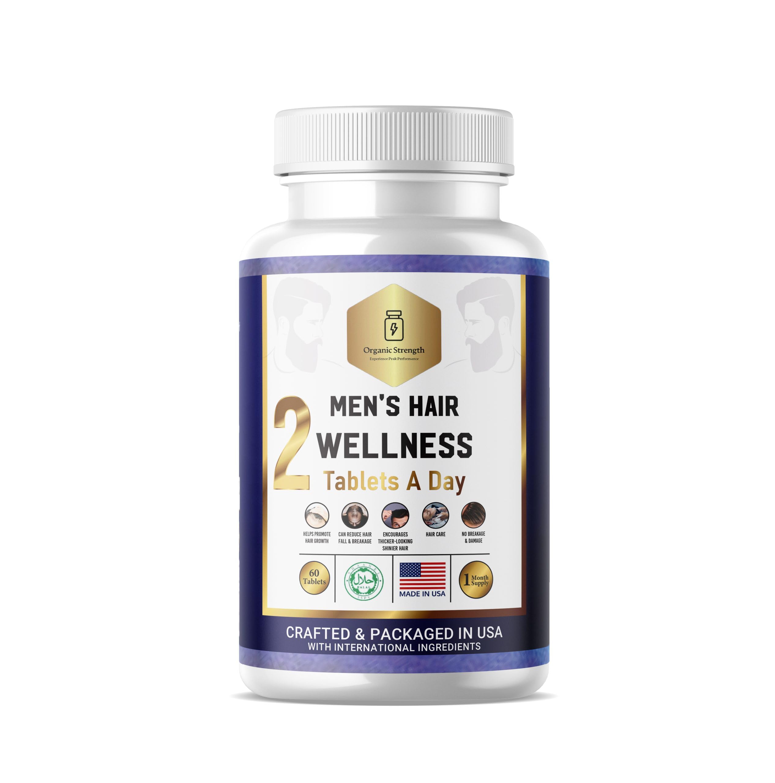 Organic Strength Men's Hair Wellness 2 Tablets A Day Halal Vitamins 30 Servings