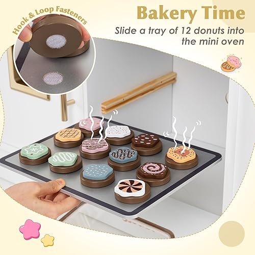 Miniatura 3 de HONEY JOY Juego de cocina, juego de cocina de juguete de madera con cafetera, tostadora de 2 rebanadas, microondas, horno, soporte para pasteles,