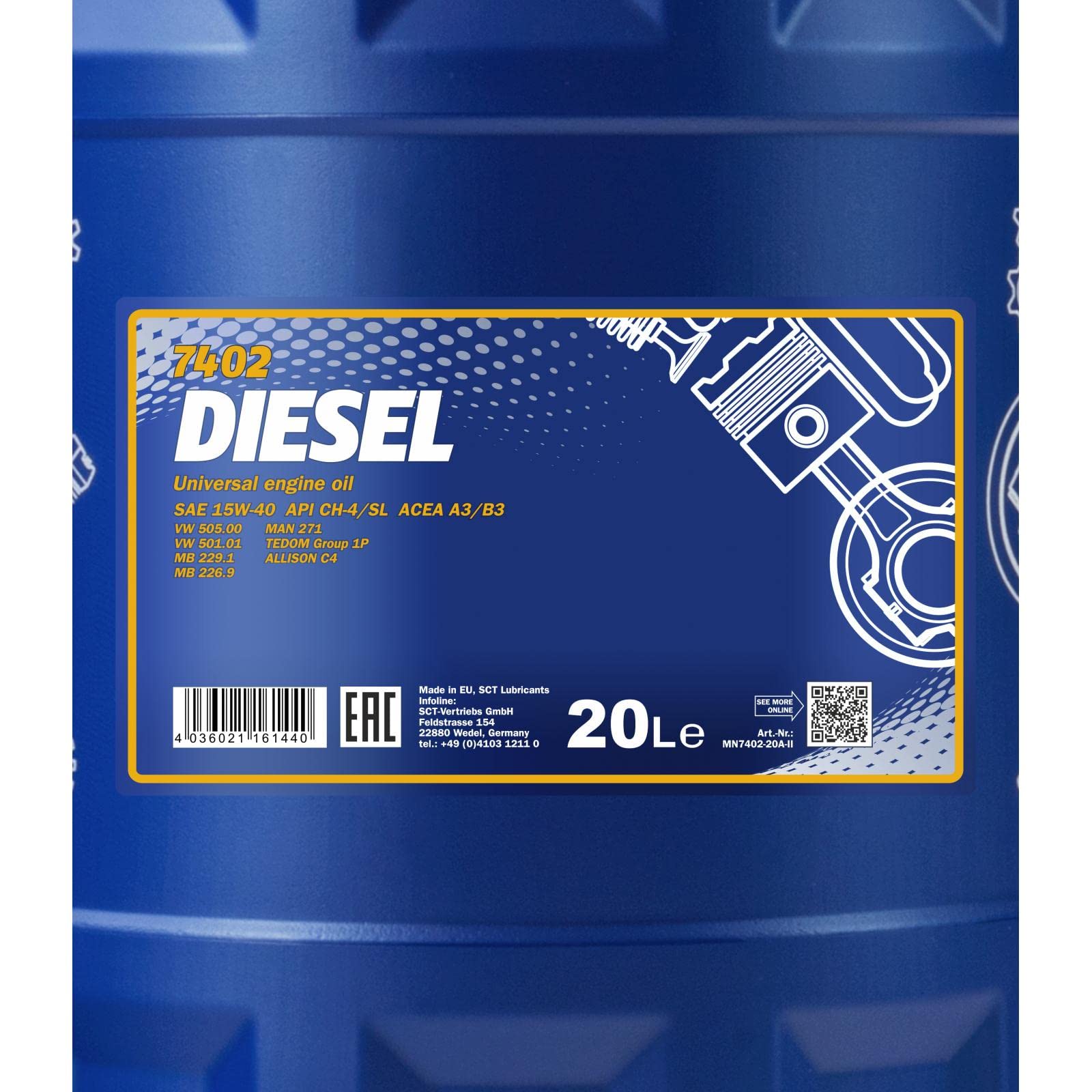 MANNOL Diesel 15 W di 40 Api CG di 4/4 CF/CF/SL motorenoel, 1 Litri