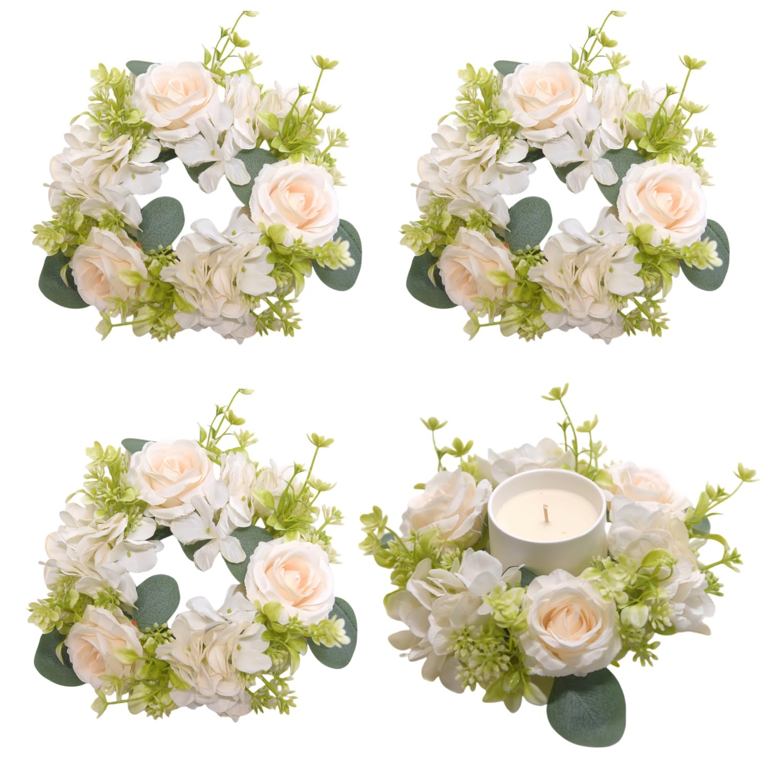 4 ghirlande di ortensie artificiali, con anelli per candele, per Natale, matrimoni, casa, tavolo, feste, decorazione (bianco)