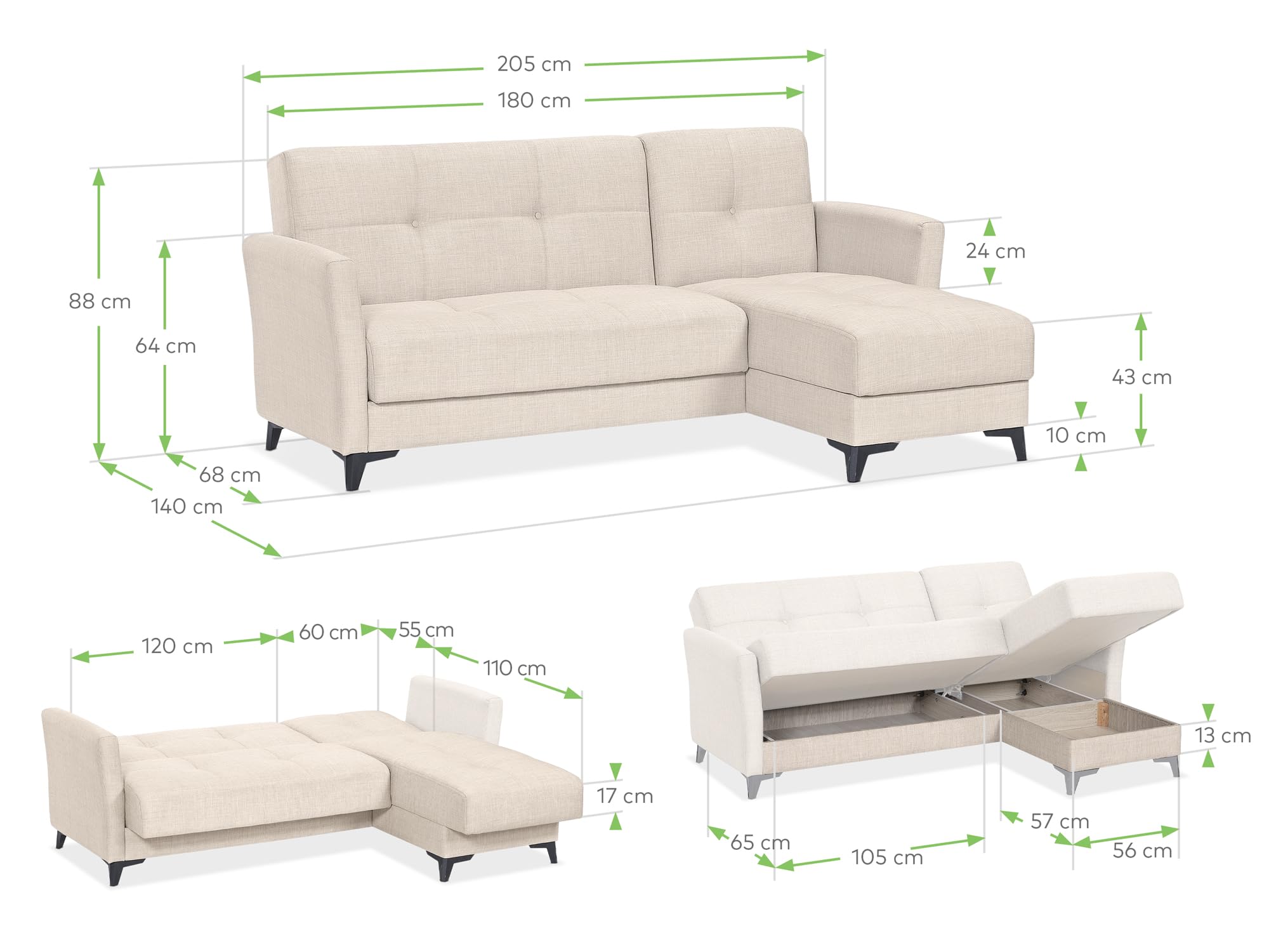 EVERGREENWEB Divano letto 3 Posti con Contenitore Trasformabile, Divano Angolare con Penisola Chaise Longue, Schienale Reclinabile 3 Livelli Clic Clac, Morbido Tessuto Imbottito Beige, Braccioli Slim