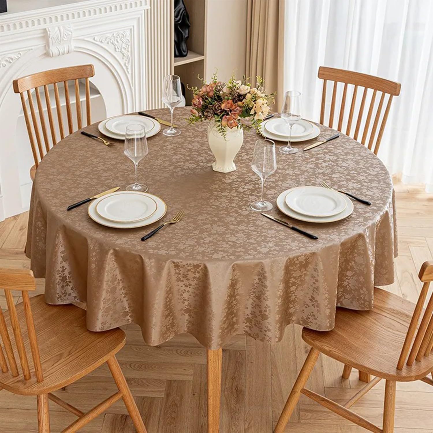 JuanNest Jacquard Round Table Cloth,Outdoor Dining Table Cloth,Design Waterproof Antiwrinkle Spillproof Heavy Weight Soft Tablecloths for Circular Table Cover and Kitchen Dinning Tabletop J,220CM