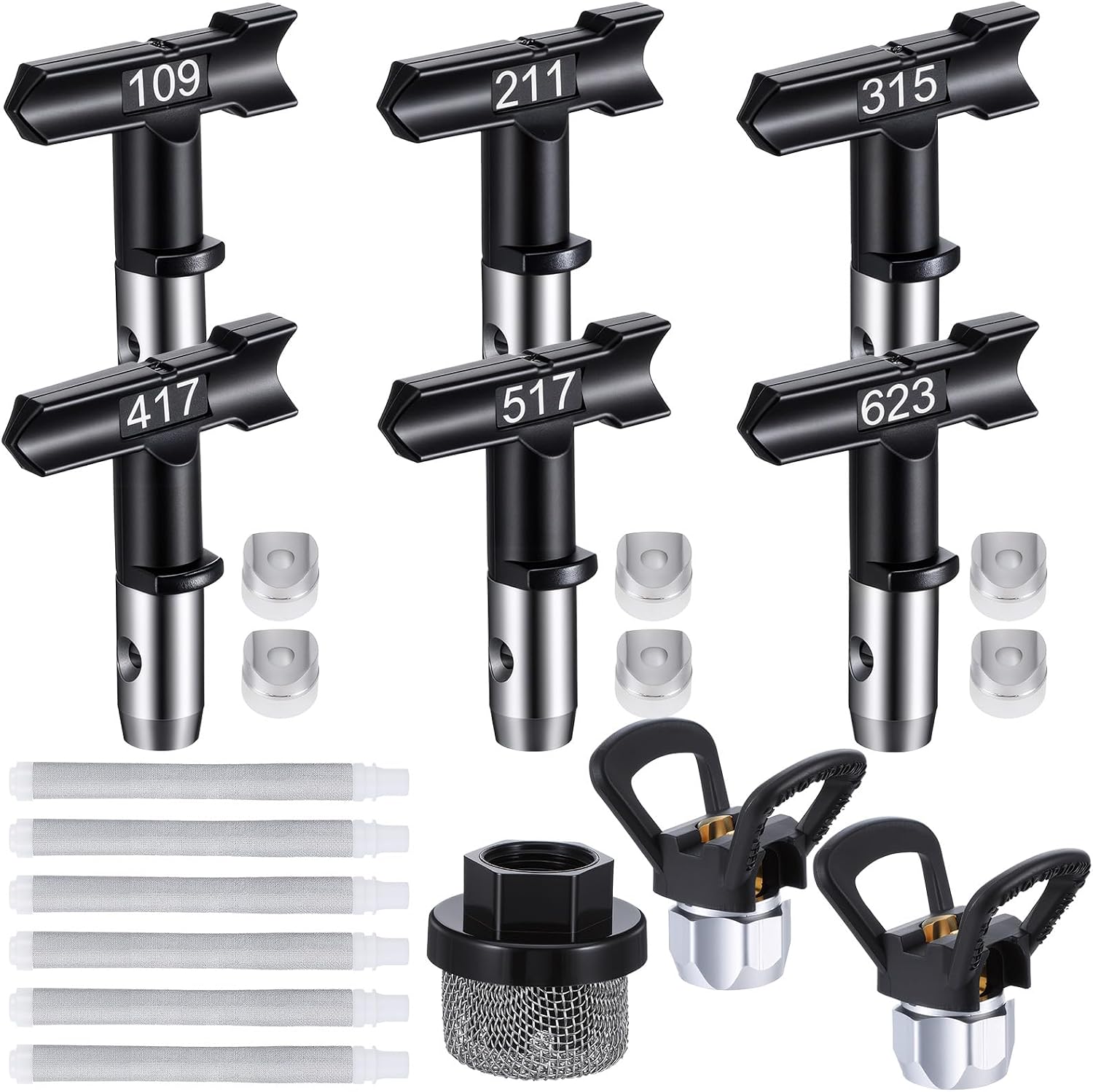 15 Pieces Graco Spray Tips Airless Paint Sprayer Tips Set with 6 Reversible Nozzles (109,211,315,417,517,623), 6 Filters, 2 Guards, 1 Inlet Strainer - Graco Paint Sprayer Tips Replacement Parts