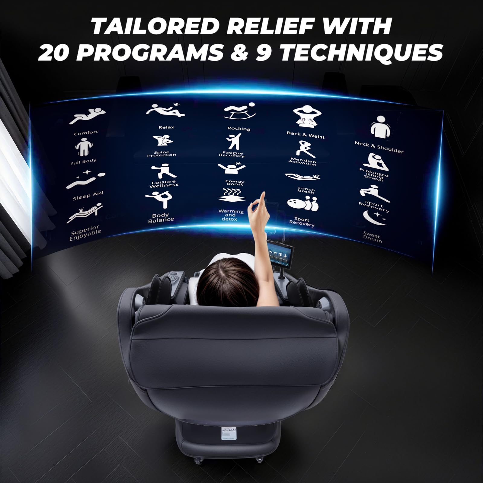HealthRelife 4D Massagesessel mit Zero Gravity, SL-Schiene, 3D-Heizsystem, Schaukelfunktion, Shiatsu-Massage, Touchscreen-Steuerung Schwarz