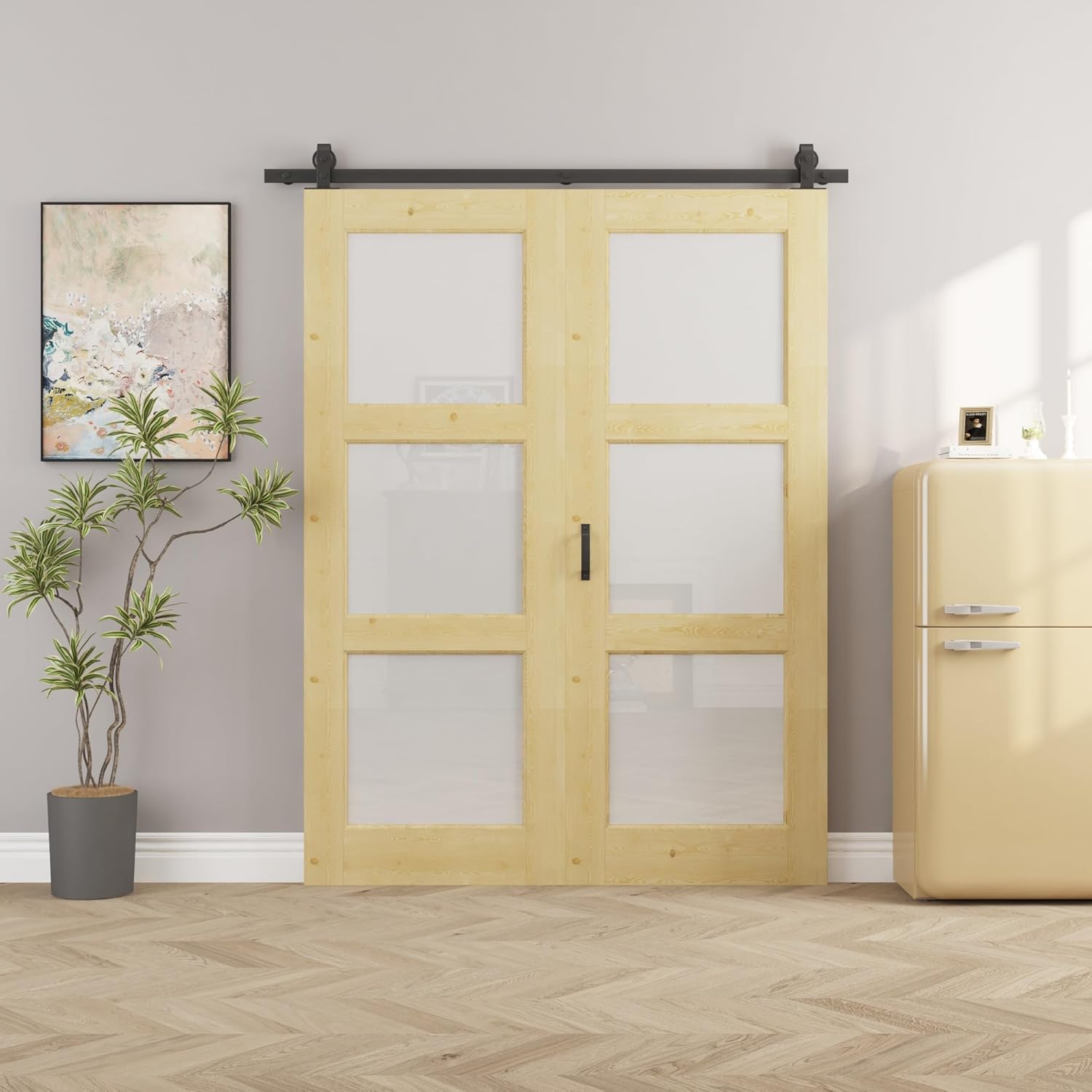 56" x 80" Pre-Assambled Bifold Barn Door with 64" Track Hardware Kit Included, Pine Wood 3 Panels Bi Fold Barn Doors, Sliding Closet Door with Excellent Sound Insolution, Easy to Clean, Energy Saving