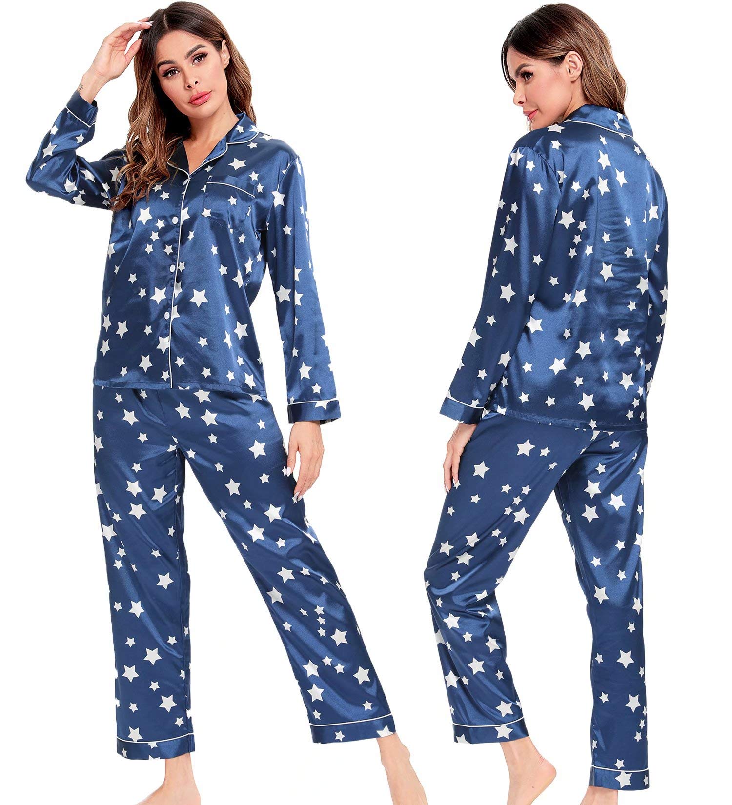 SWOMOG Womens Silk Satin Pajamas Set Long Sleeve Button Down Sleepwear 2 Piece Lounge Set Pj Set XS-3XL