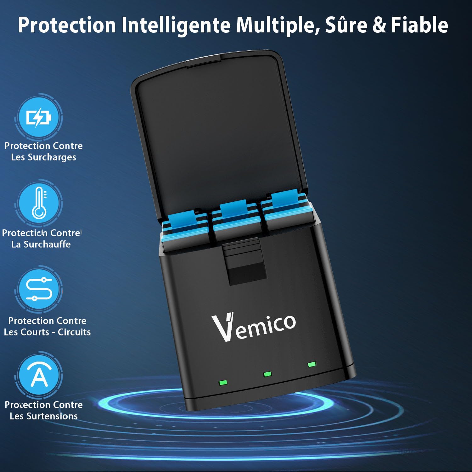 Vemico Hero 11 Batterie Chargeur Kit 3 Pack 1800mAh Hero 10 Batterie Type-C LED 3-Canaux Chargeur AHDBT-901 pour Hero 12Black/ Hero11 Black/ Hero10 Black/Hero 9Black