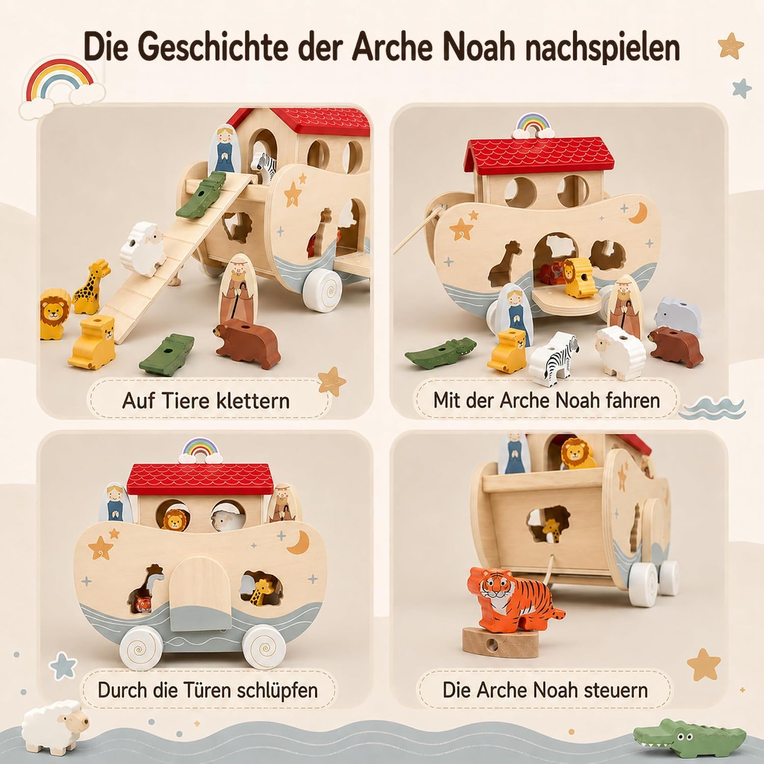 Arca di Noè in legno, giocattolo Montessori e regalo per battesimo | Adorabile regalo per battesimo: l'arca di Noè in legno con 10 coppie di animali, idee di gioco versatili e arcobaleno