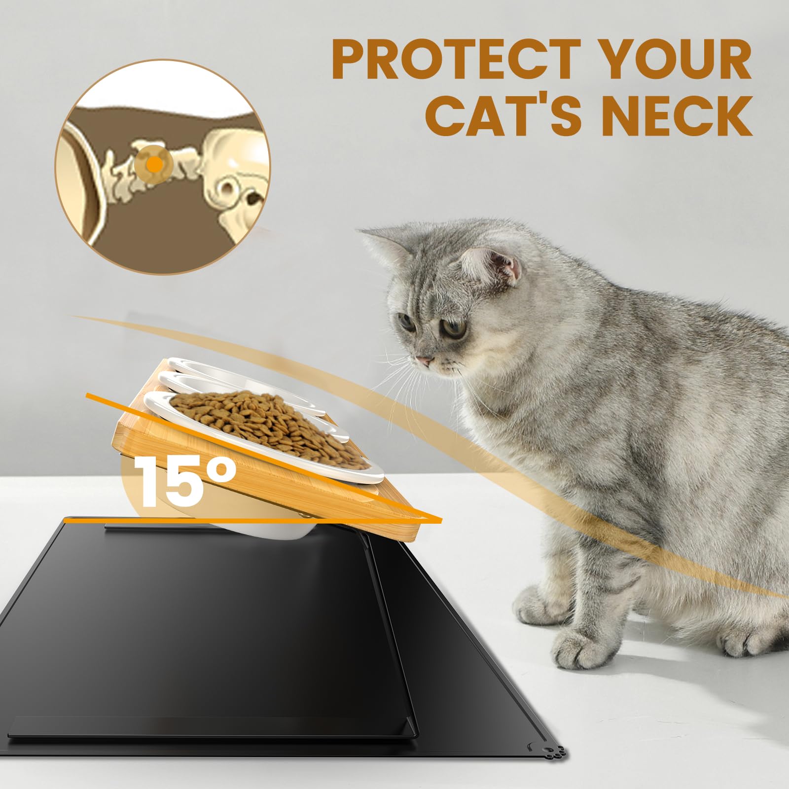 Lannvan Comedero Gato Elevado, 3X Comedero Perro, Comederos para Gatos Inclinado 15° Ceramica con Antideslizante Alfombrilla, Cuenco Gato Antivómitos, Comederos y Bebederos para Gatos y Perros Pequeño