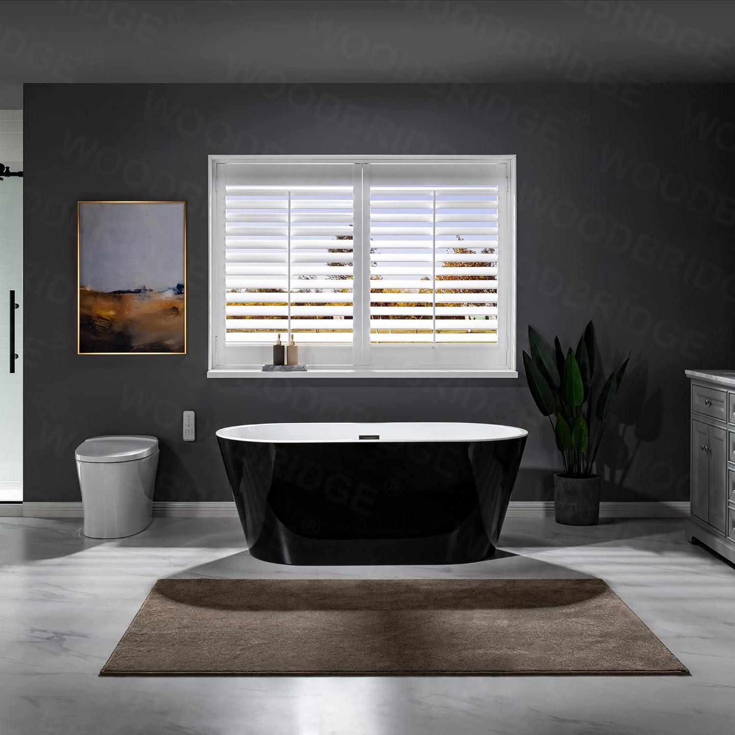 WOODBRIDGE 59" Acrylic Freestanding Bathtub Contemporary Soaking Black Tub with Matte Black Overflow and Drain，B1814-MB