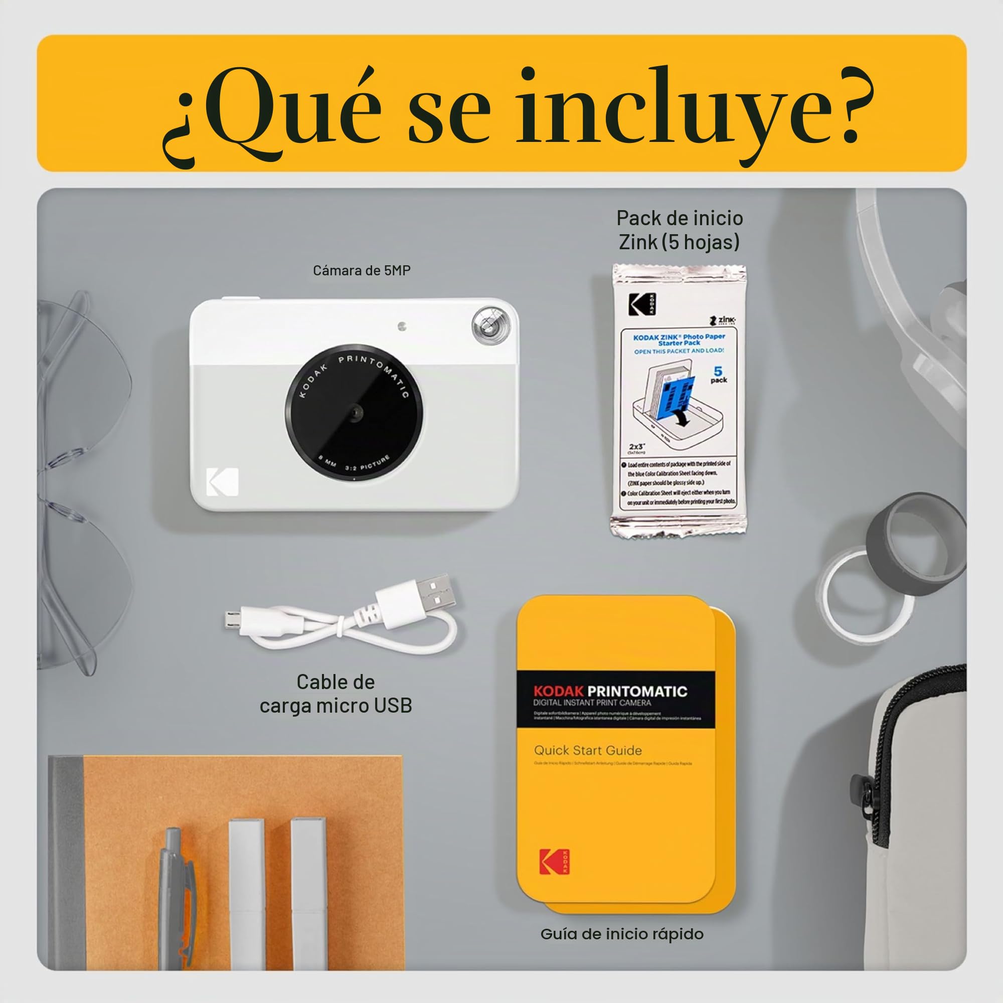 KODAK Printomatic cámara de impresión instantánea + Estuche Blando + Papel fotográfico Zink de 2 x 3 (Paquete de 20) + Álbum + Juegos de calcomanías + Marcos para calcomanías + Marcadores - Gris