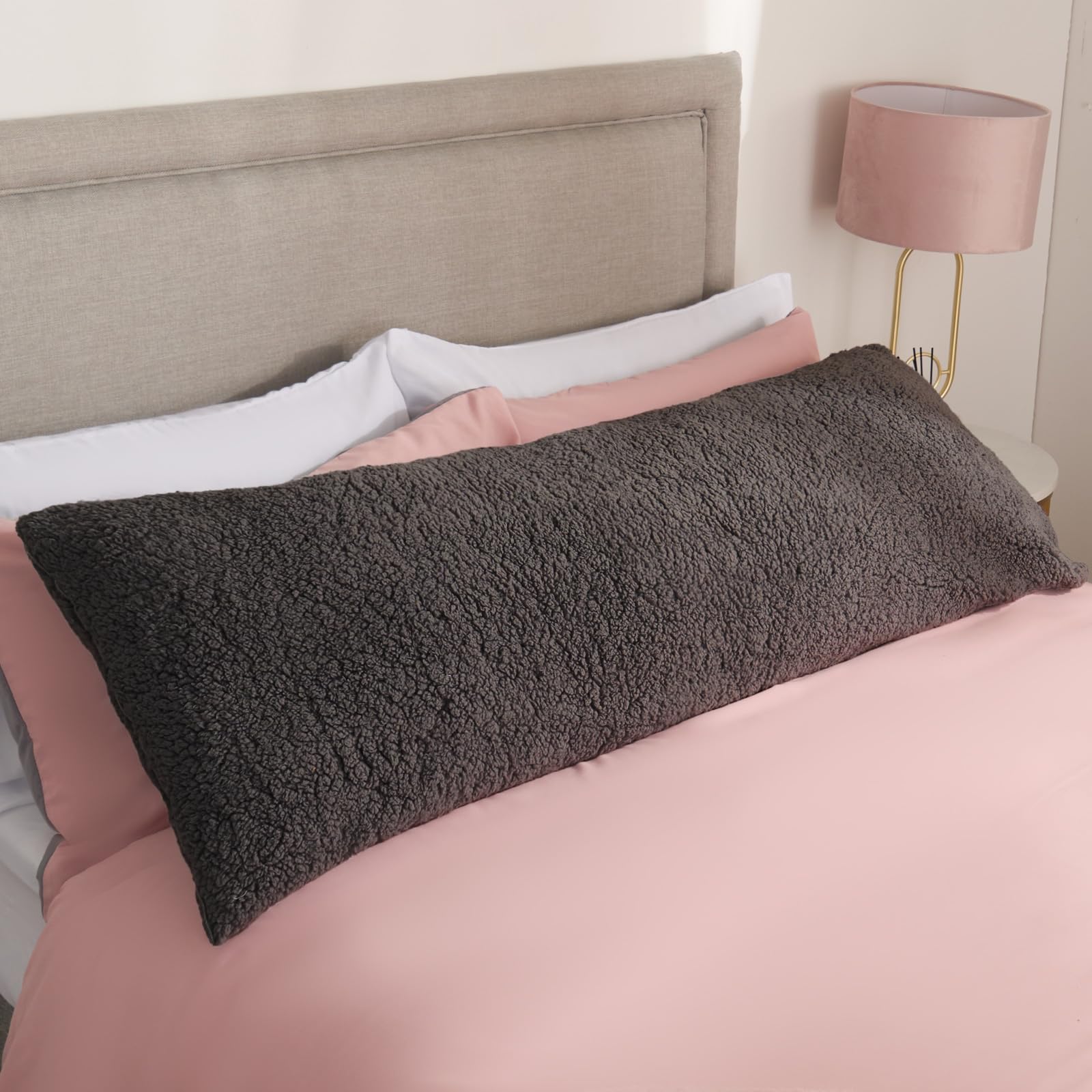 Ohs Women's Charcoal Grey Side Sleeper Bolster Pillow Teddy Fleece, Super Soft Comfy Maternity Body Pillow Back Support Cuddle Cushion For Bed Long Pillows Sleeping Relaxing, 137 X 40Cm