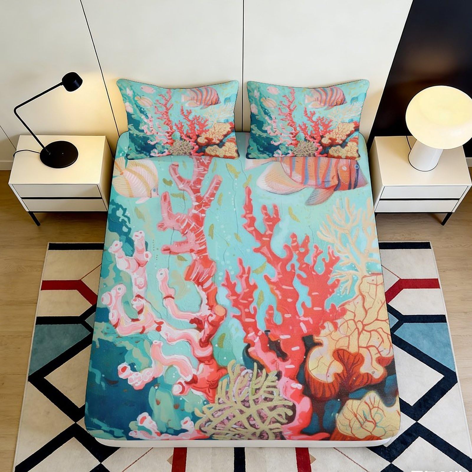 Jqzkxnhpbr Style-7 3D Printed Coral Reef Fitted Sheet Microfiber Soft Breathable Ocean Underwater Bed Cover For Bedroom Dorm Decor 90X200x25cm
