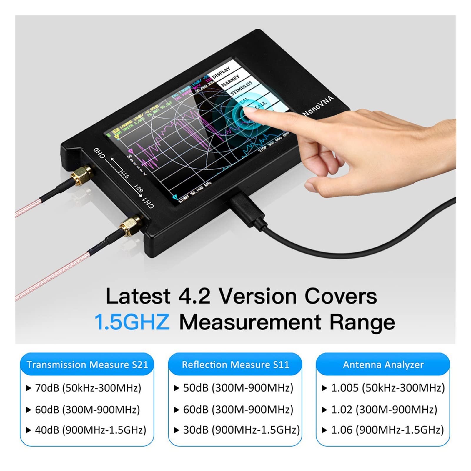 Spektrumanalysator, Vektor-Netzwerkanalysator 10K-1,5 GHz HF VHF UHF Antennenanalysator Messung der Parameter, Spannungswellenverhältnis, Phase, Verzögerung, Smith -Diagramm mit 2,8 '' Touchscreen