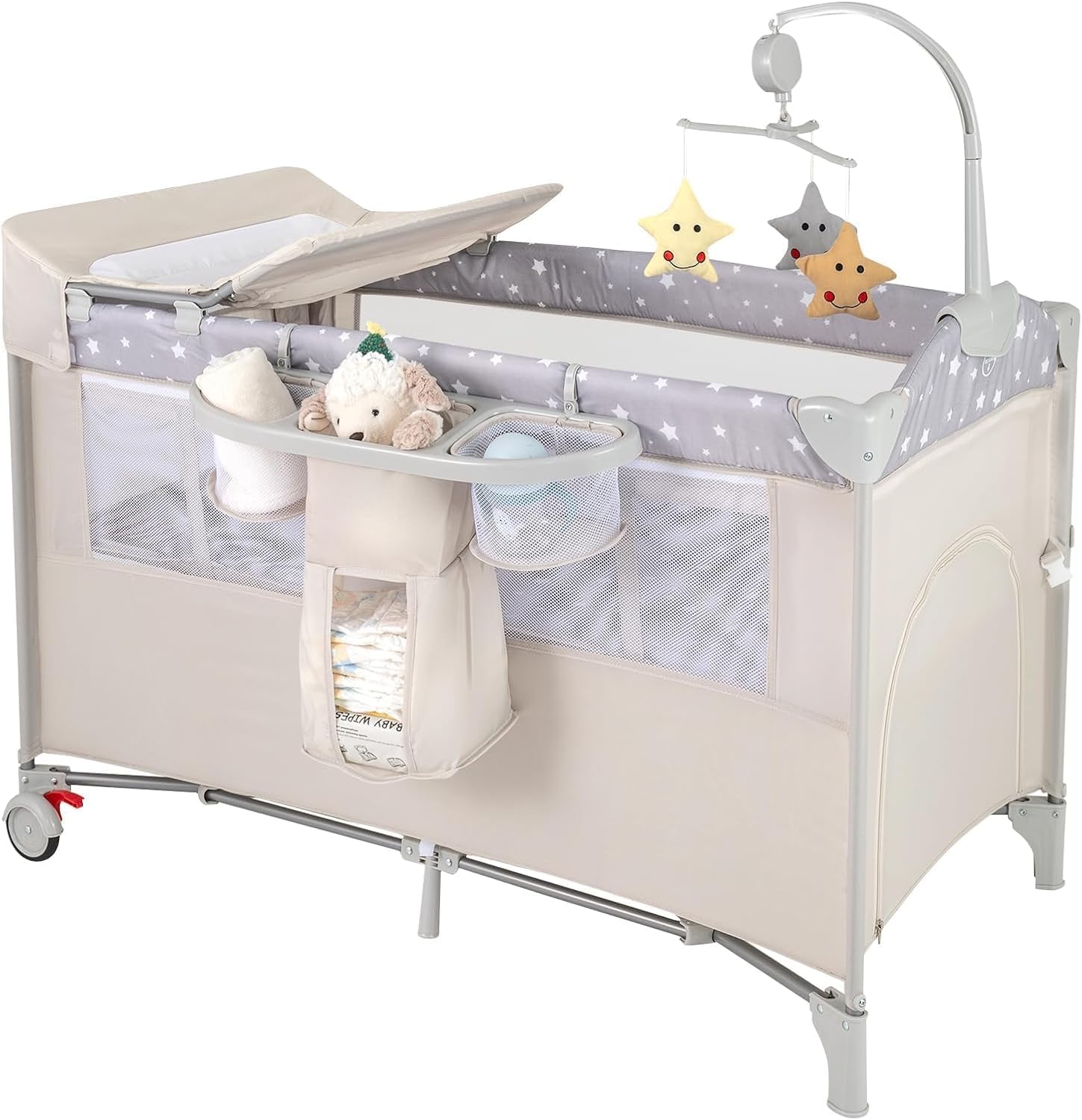 RELAX4LIFE 5 en 1 Cuna Infantil Bebe con 2 Ruedas Bloqueables, Cambiador, Correa Fijación, Caja de Música y 3 Juguetes Colgantes, Cuna con Colchón y Bolsa de Transporte para Bebés 0-36 Meses (Beige)