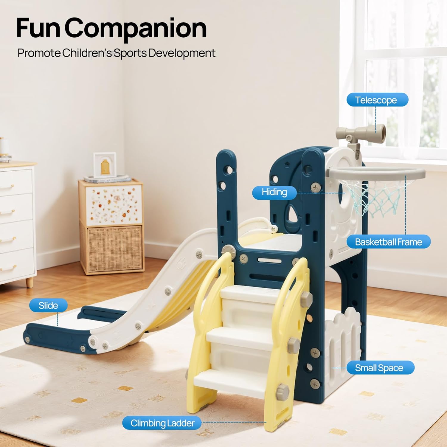 Toddler Slide Playset, 3-in-1 Indoor Playground for Babies with Basketball Hoop & Telescope, Climber Dome Kids Slide for 1+ Years Old