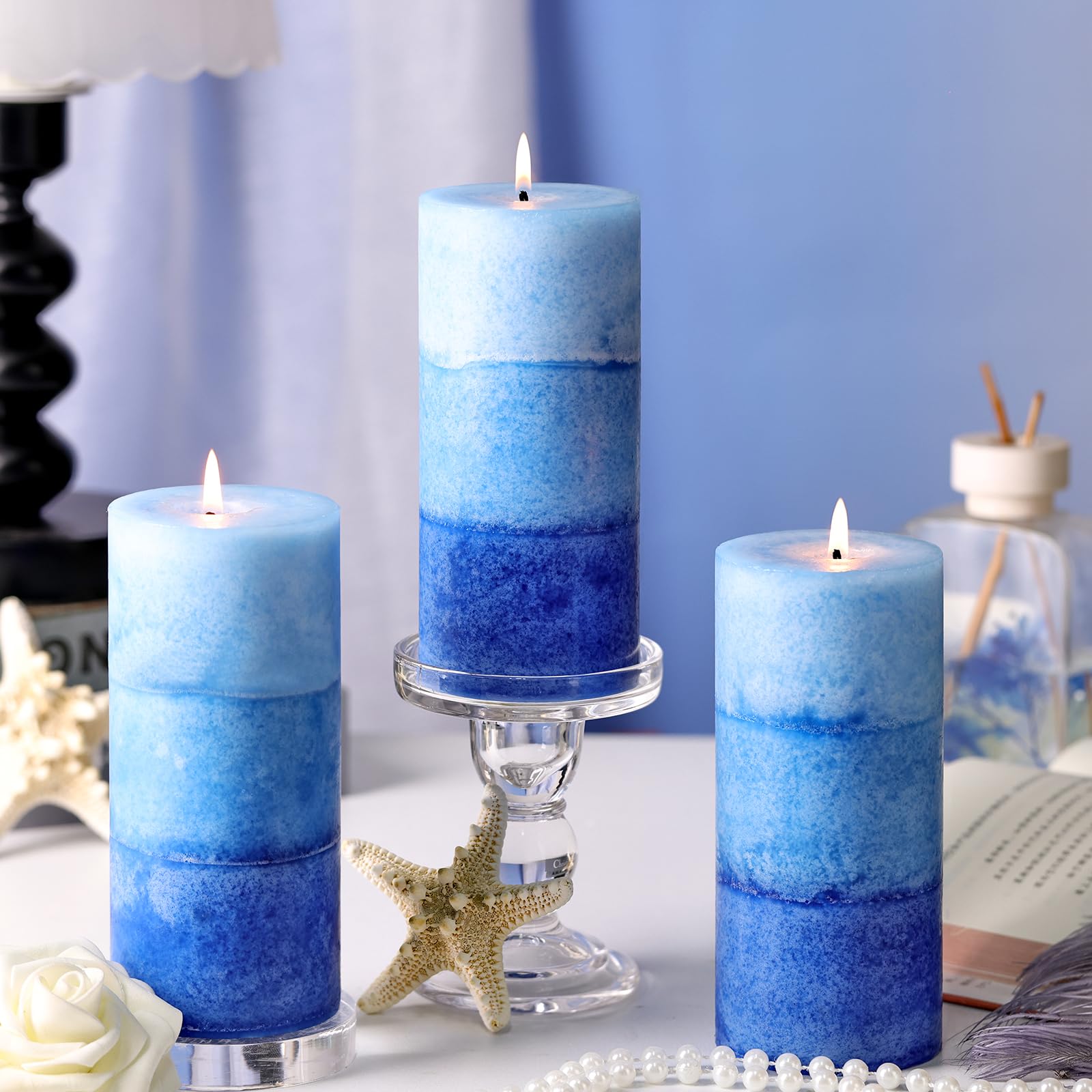 Blue Ocean - Candele cilindriche profumate, 7,1 x 15,2 cm, atossiche, 210 ore, a lunga durata, senza fumo, per decorazione della casa e matrimonio, confezione da 3