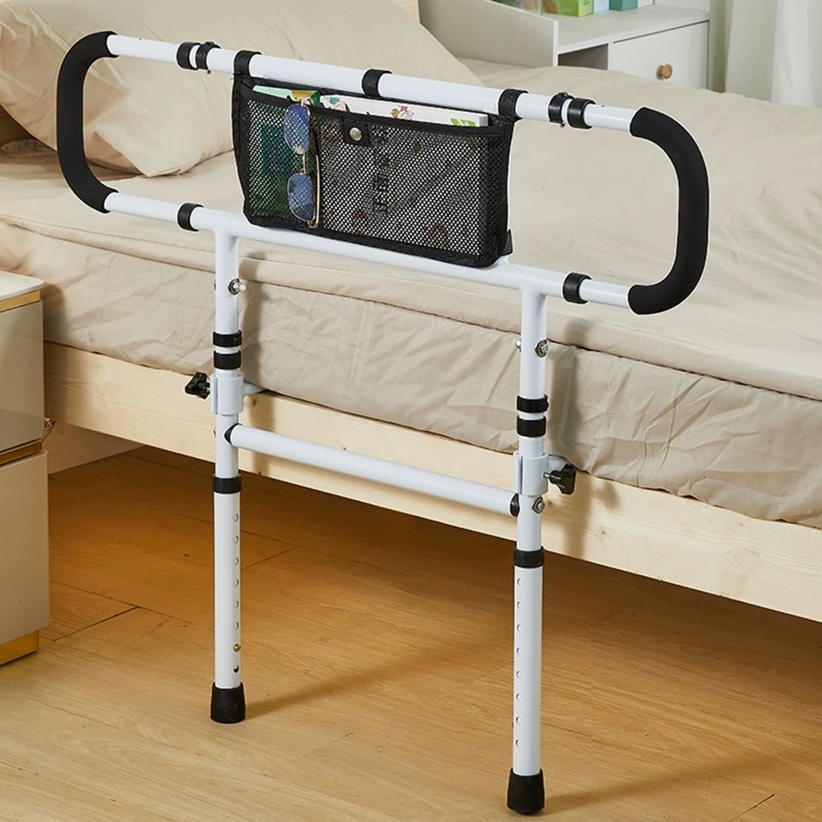 Bett Aufstehhilfe für Senioren, Faltbares & Höhenverstellbares Bettgitter mit Haltegriff, Aufstehhilfe Bett bis 160kg, Inkl. Tasche, Bettschutzgitter für Erwachsene für alle Betten
