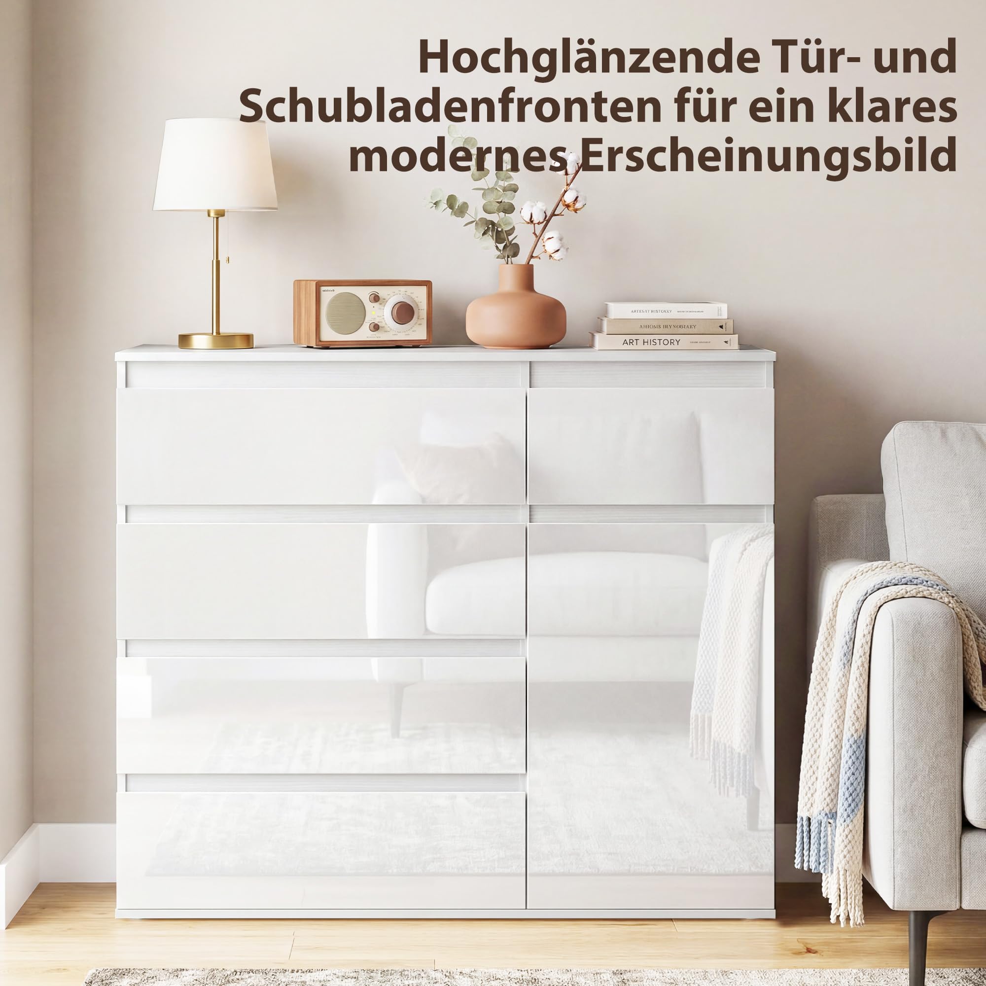 HOMCOM Kredens, komoda z 5 szufladami, szafka do przechowywania z regulowanym regałem, szafka kuchenna do salonu, kuchni, jadalni, wysoki połysk, biała, 100 x 40 x 80 cm
