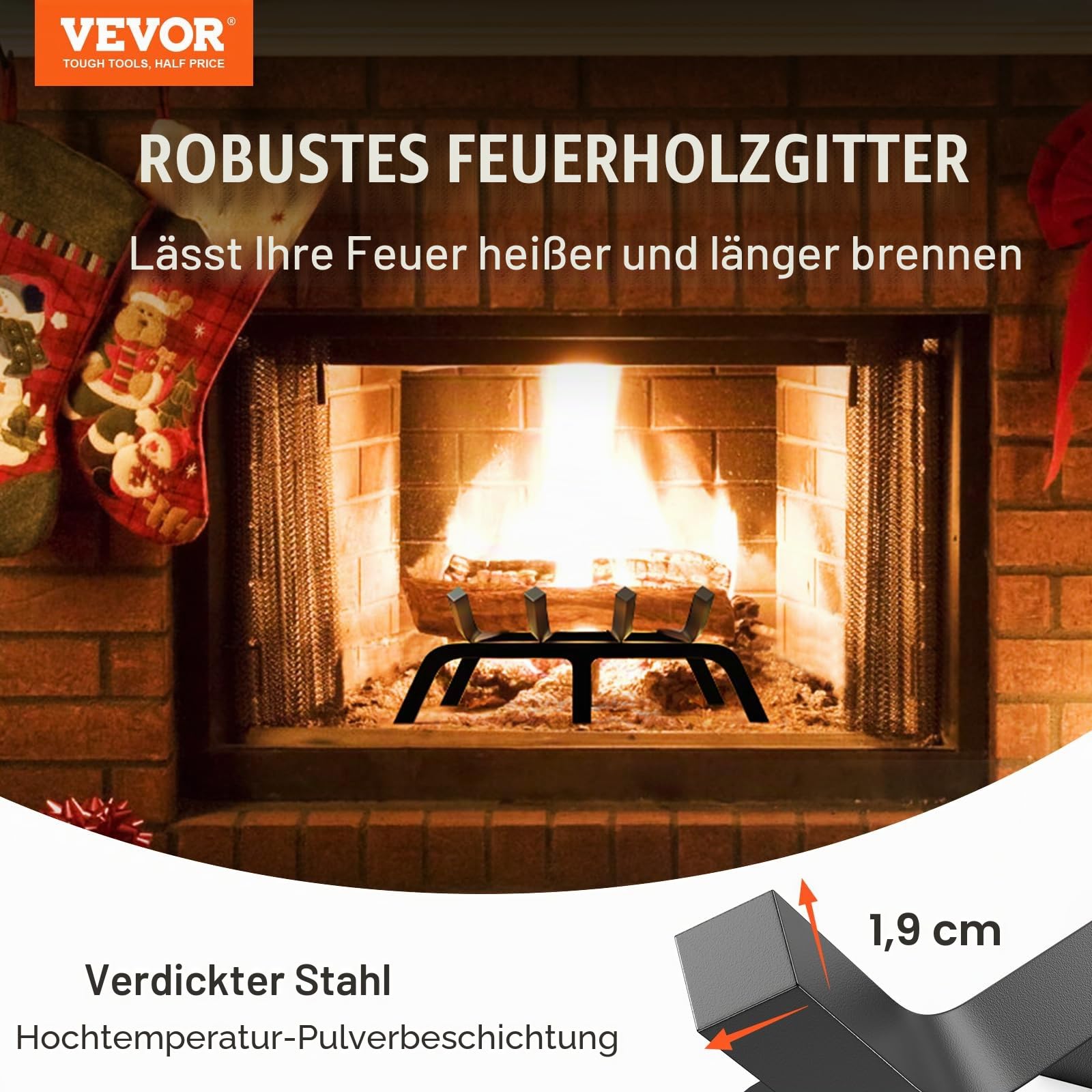 VEVOR Kaminrost, 46x18x10cm Feuerbock für Kamin mit 6 Stützbeinen, 19 mm pulverbeschichtete Stahlstangen, Feuerrost, Kaminholzrost, Ofenrost, Brennholzhalter für Innen- & Außenkamine