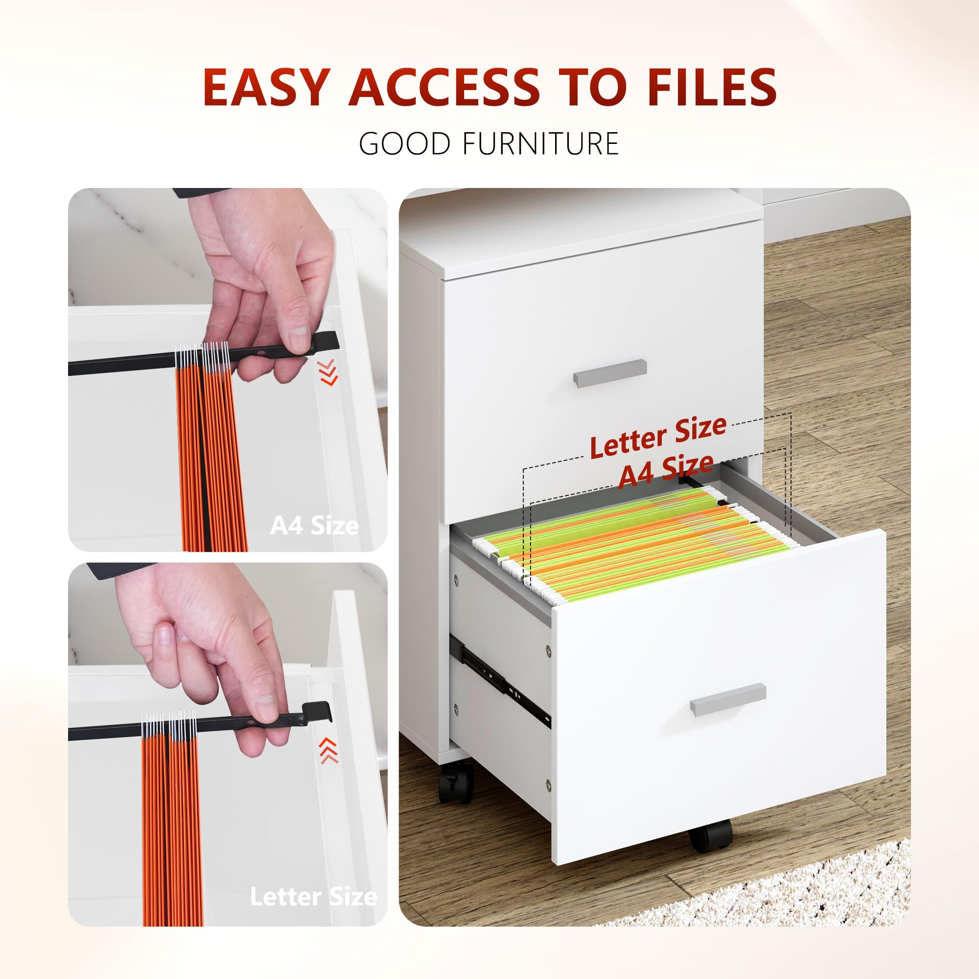 SDHYL Armario archivador de 2 cajones con ruedas, organizador de oficina para A4/cartas/documentos legales, 46,2 x 40 x 67,5 cm (blanco)