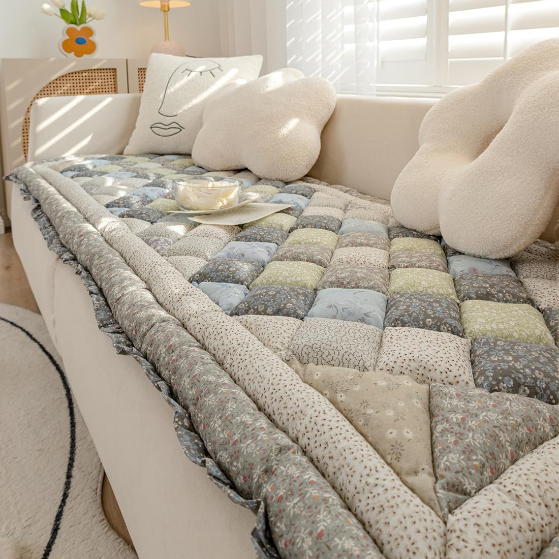 vctops Cotton Quilted Thick Dog Couch Cover for Sofa Boho Handmade Patchwork Sofa Cover Floral Print Floor Mat Area Rugs Non Slip Soft Sofa Slipcover (Grey,24"x70")