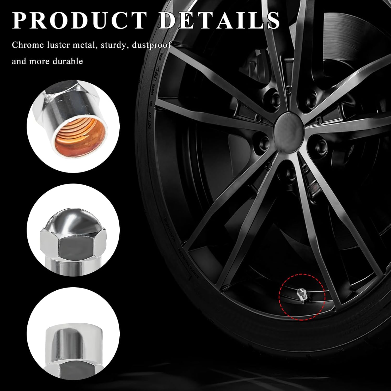 Sun Walker 4 PCS Car Tire Valve Stem Caps, Leakproof Hexagon Tire Valve Cover with Rubber O-Ring Seal, Dustproof Round Top Chrome-Plated Tyre Air Caps for Car Truck Motorcycle - Image 3
