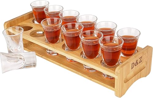 D&Z Juego de soporte para chupitos con 12 vasos de chupito transparentes de base gruesa, estante de madera de bambú para chupitos de tequila,
