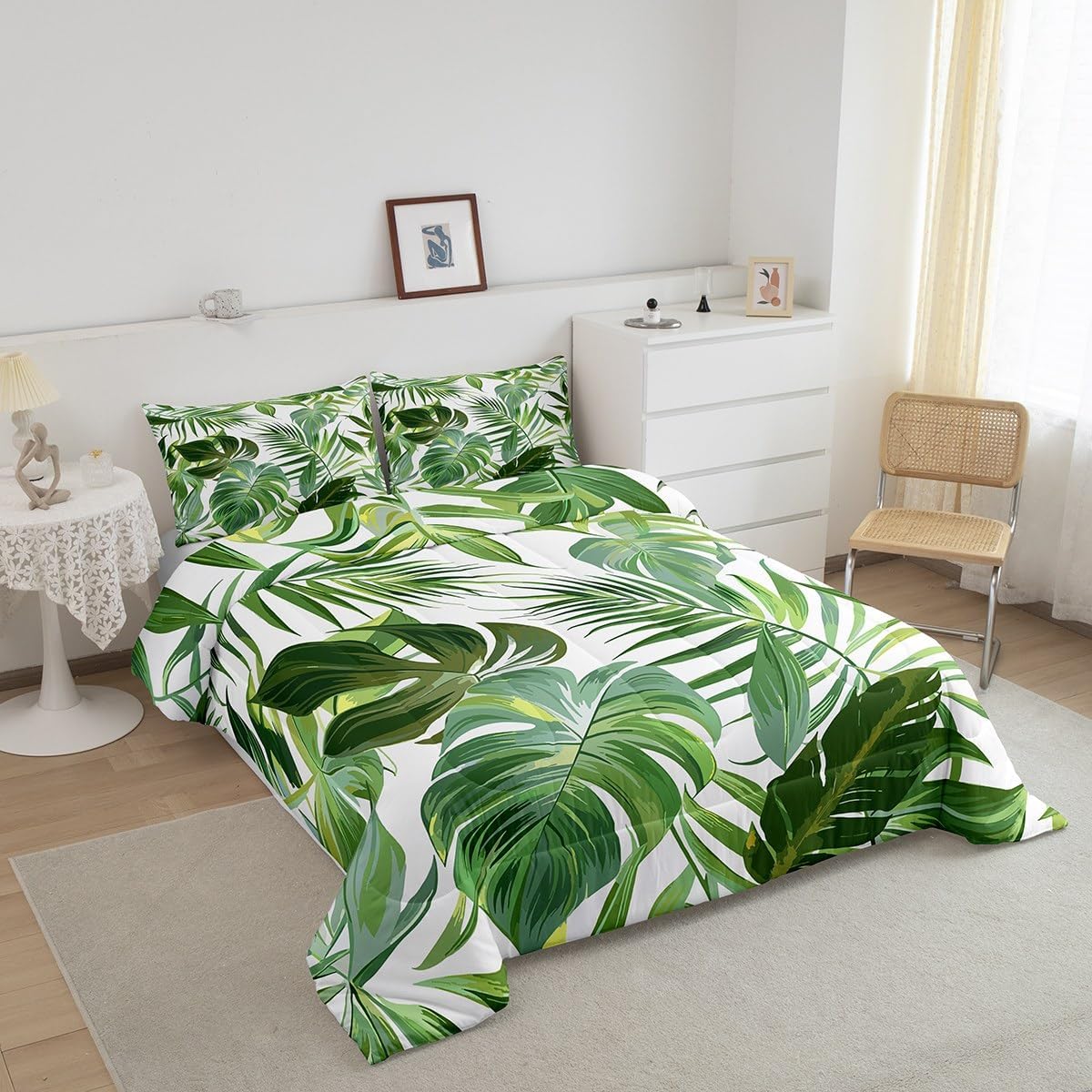 jejeloiu Green Palm Leaf Comforter Set Queen Size Kids Green Tropical Leaves Pattern Bedding Set for Boys Girls Summer Tree Branches Nature Theme Duvet Quilt Room Decor