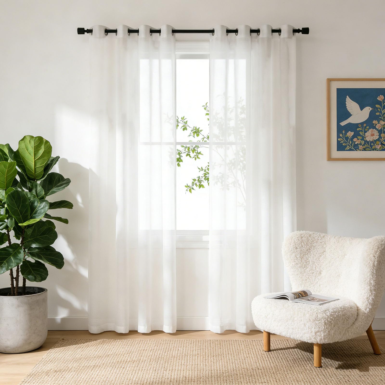 Rideaux voilage semi-transparent blanc 145x170 cm pour filtrage de lumière élégant du salon