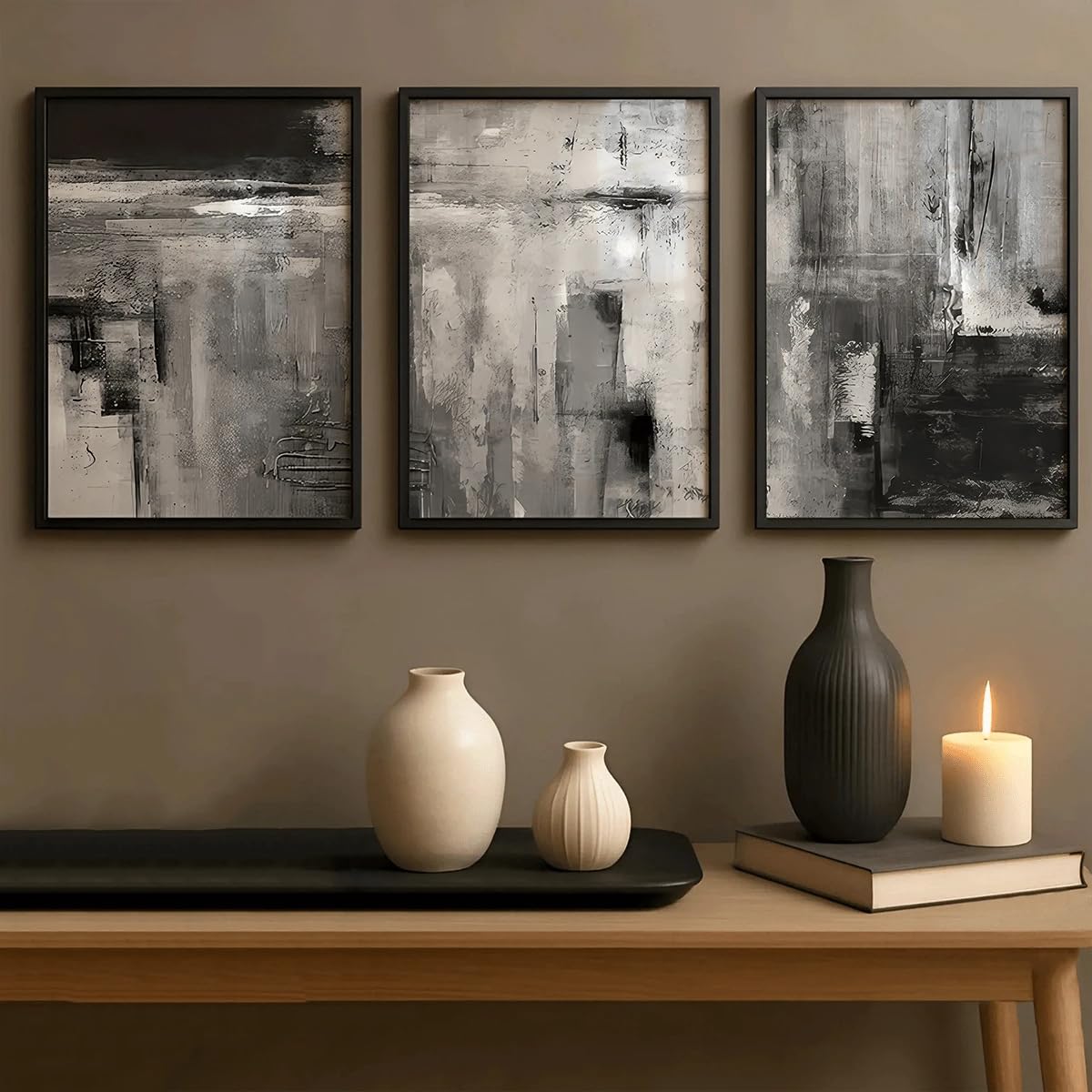 UUDEZO Modernes 3-teiliges Set abstrakter Kunstdrucke in Schwarz-Weiß, Wandposter, Raumdekoration (60 x 120 cm (24 x 47 Zoll), schwarzer Rahmen)