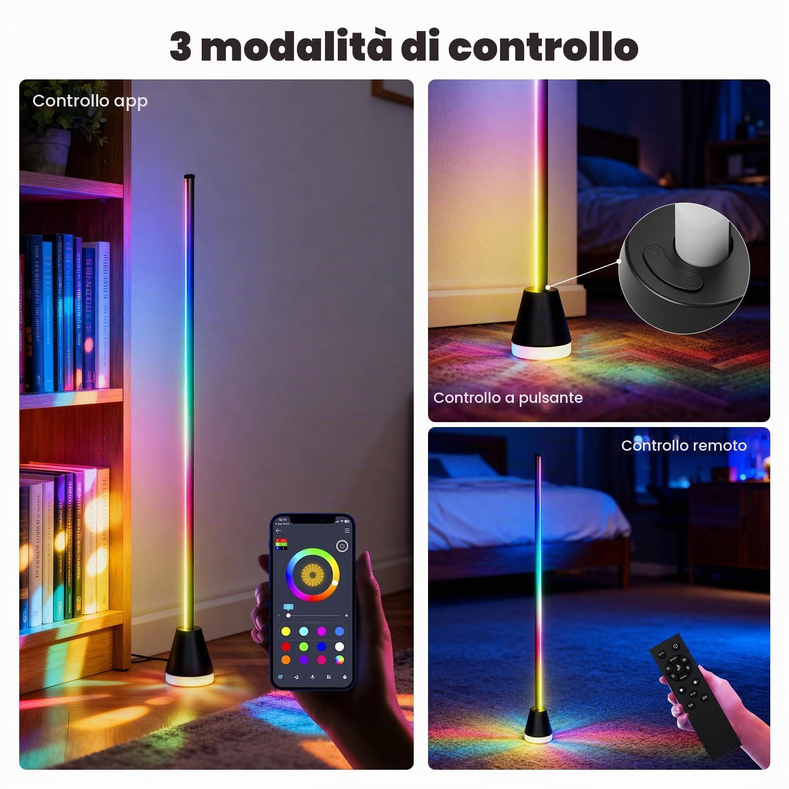 LQWELL Lampada da pavimento a LED RGBIC dimmerabile, lampada angolare intelligente da 150 cm con telecomando, APP, 16 milioni di colori, modalità musicale fai da te, funzione di temporizzazione