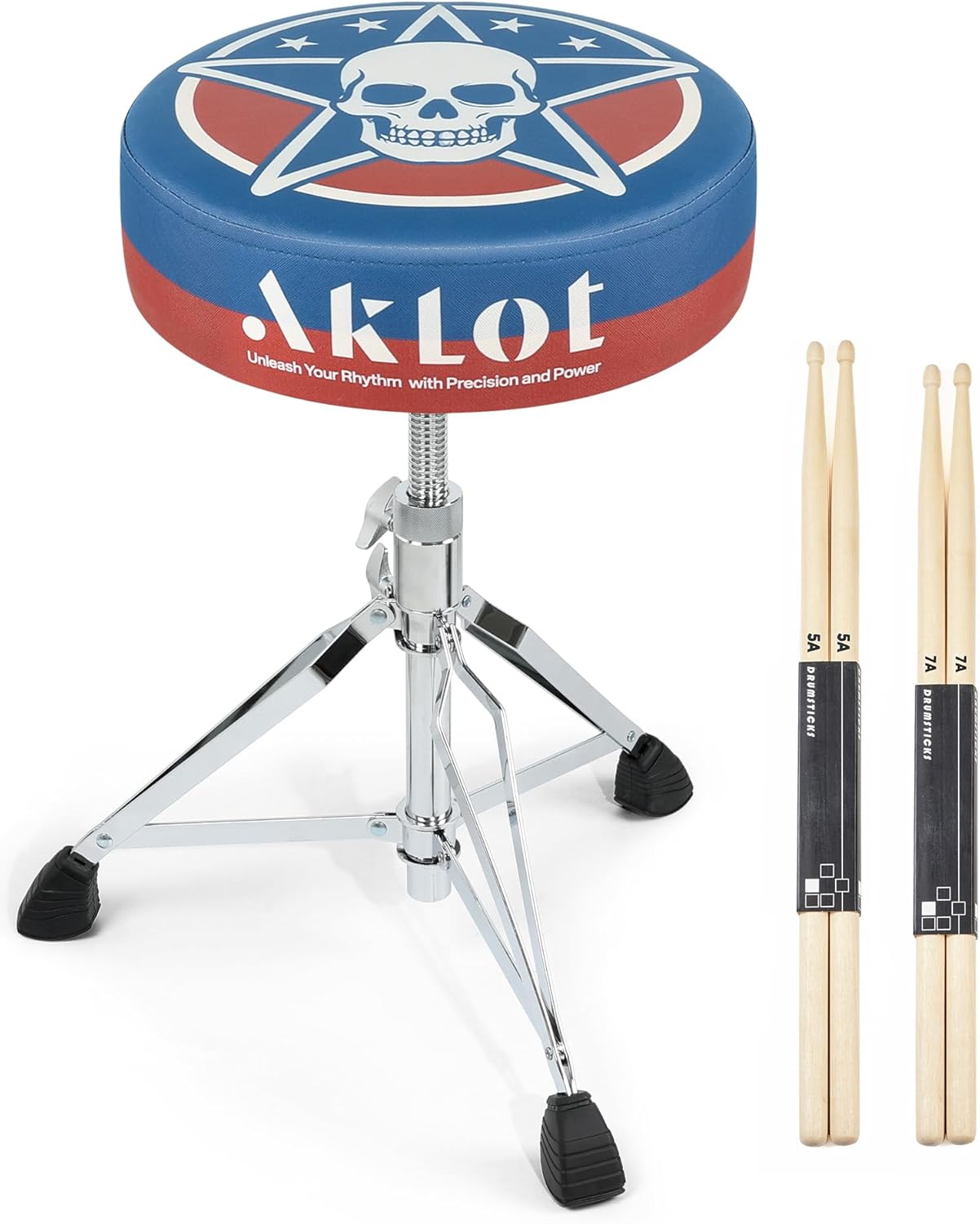 AKLOT Graphic Round-Top Drum Throne: Height Adjustable Drum Stool, with Thickened Sponge Seat, Bold Yet Edgy Graphic Throne, 5A and 7A Drumsticks, Sturdy Tripod Base with Non-Slip Rubber Feet (TR-SK)