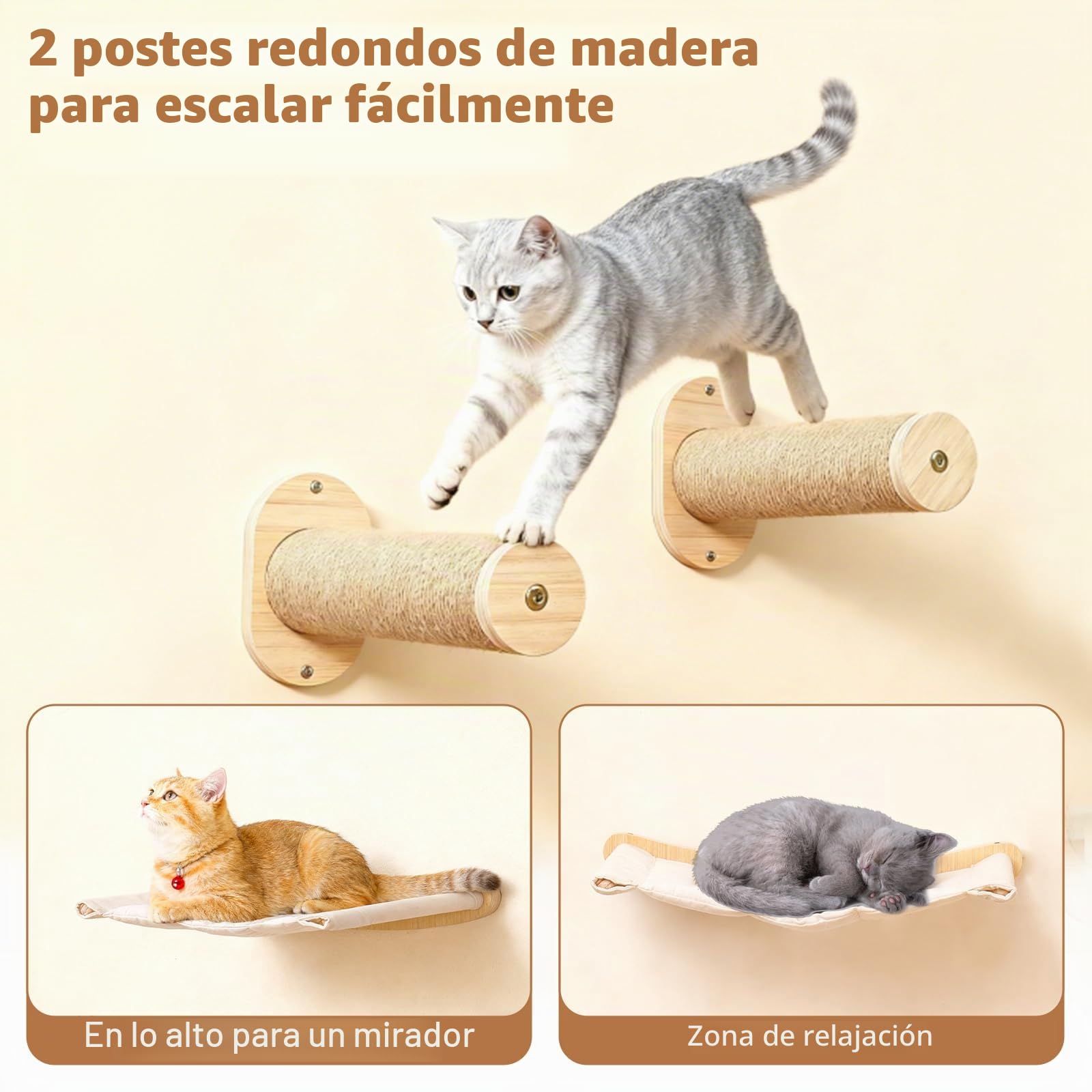 Pared de escalada para gatos, hamaca para gatos con 2 escaleras para gatos, hamaca de madera, muebles de pared para dormir, escalada y juegos