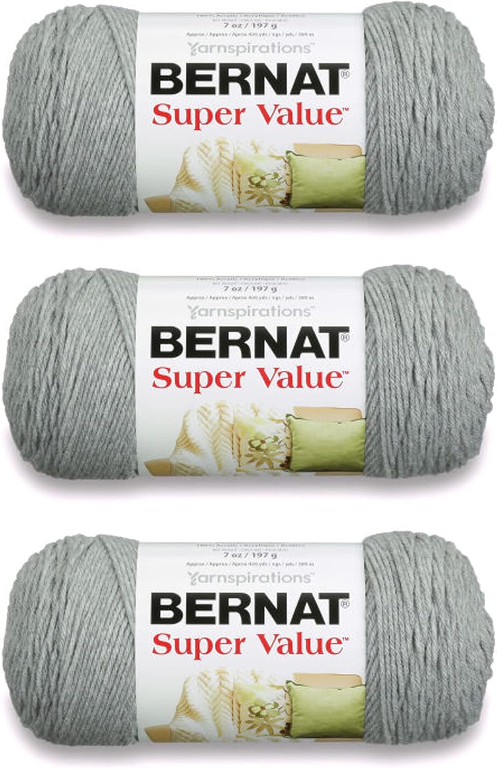 Bernat Super Value Yarn, 3 Pack, Soft Gray 3 Count