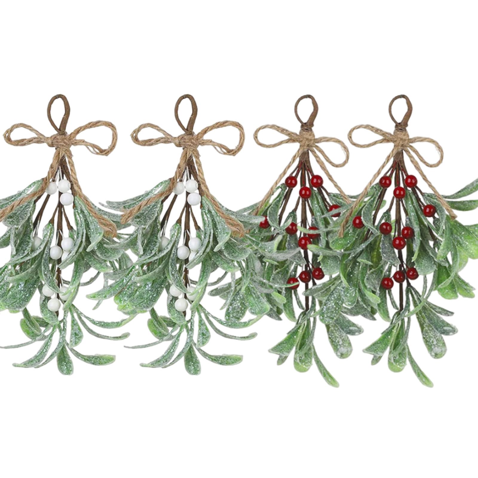 HsentimenH 4 Stück Weihnachts Mistelzweig Dekoration, Künstliche Mistelzweige, 23 cm Glitzer Misteldekoration mit Weiß Roten Beeren Weihnachtsbaum Zubehör, Hängende Mistelverzierung für Baumtür