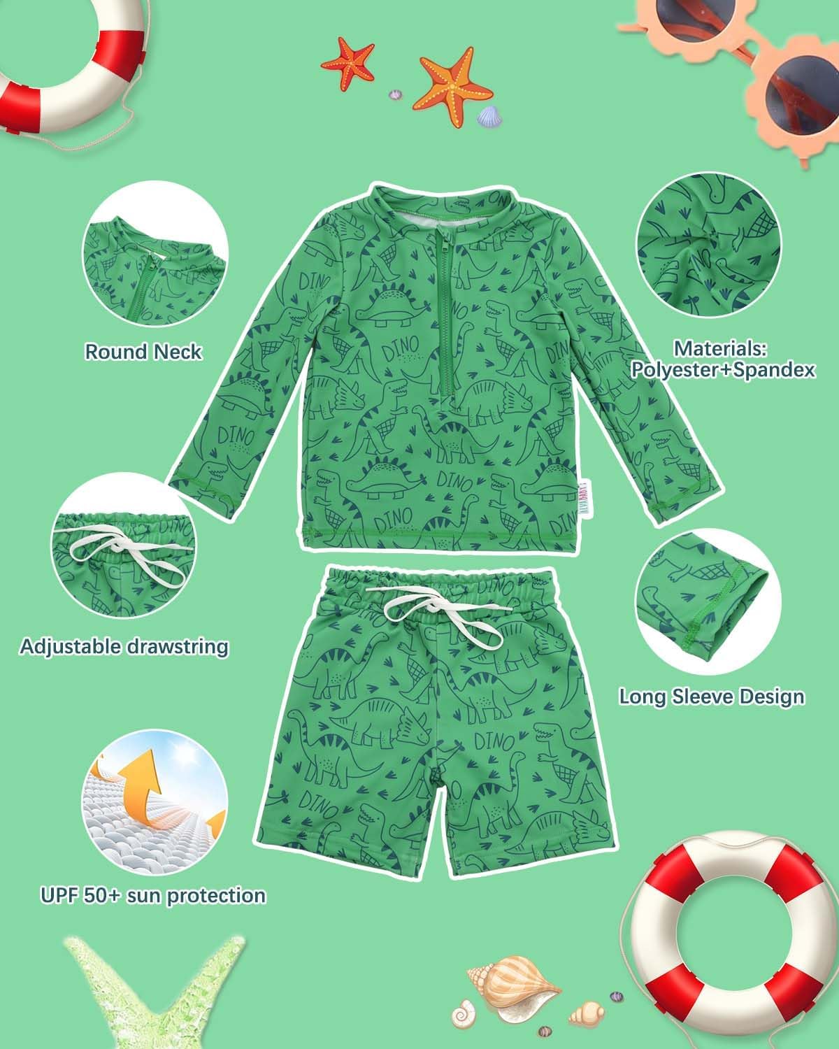 ALVABABY Long Sleeve Rashguards, Baby/Toddler Boys' Rash Guard Sets,Boy Swimsuit UPF 50+Two Piece Bathing Suit - Image 2