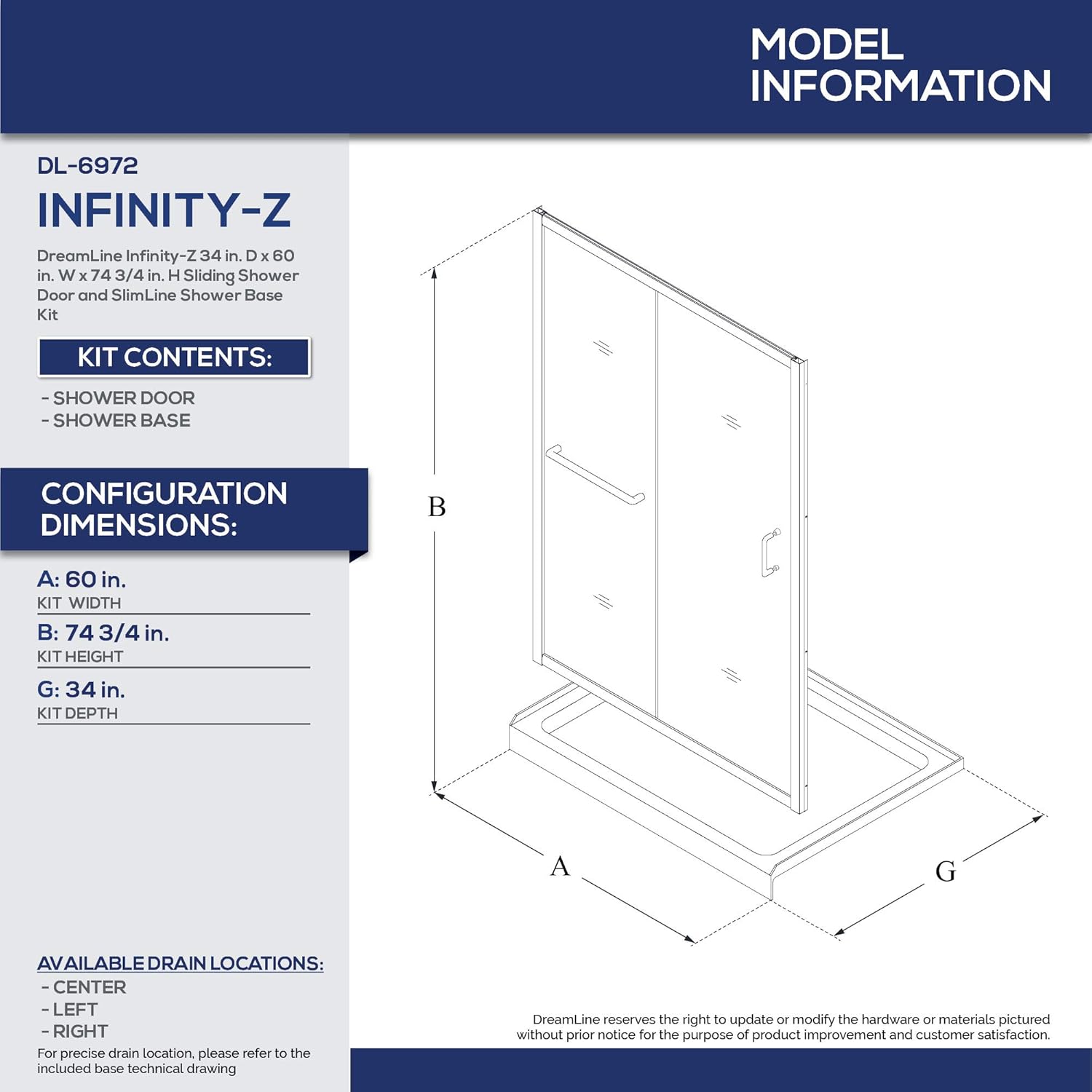 DreamLine Infinity-Z 34 in. D x 60 in. W x 74 3/4 in. H Clear Sliding Shower Door in Chrome and Center Drain Black Base, DL-6972C-88-01
