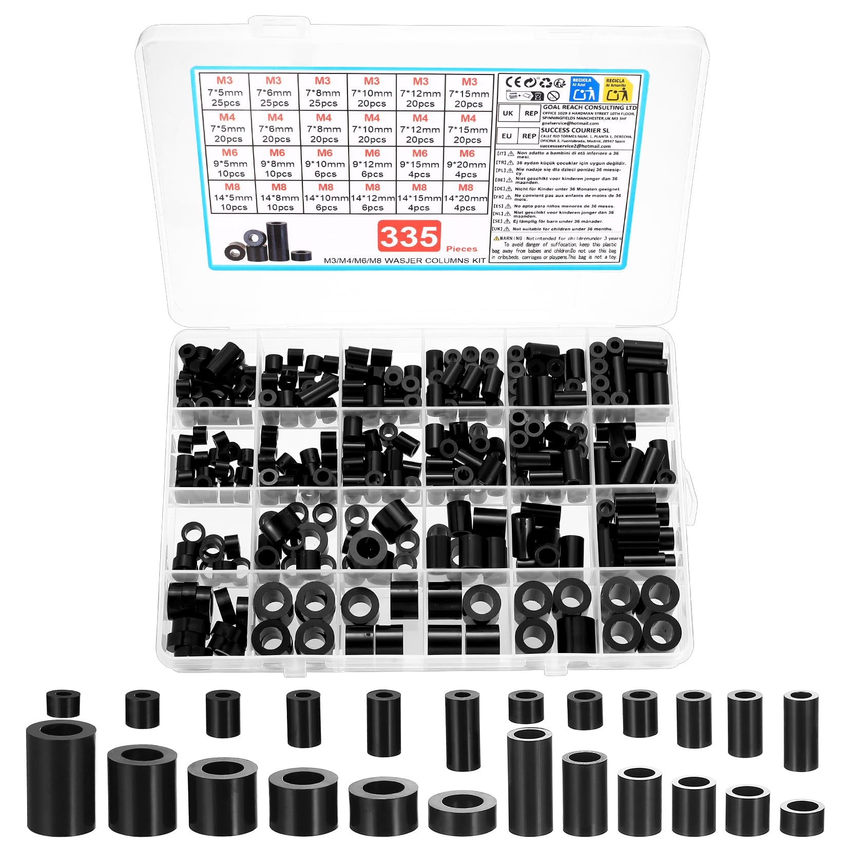 335 Pcs ABS Plastic Spacers, Black Nylon Plastic Spacers Washers, M3 M4 M6 M8 Insulation Standoff SpacersNon Threaded Column Standoff Support Washers for Screws & Circuit Boards (24 Sizes)