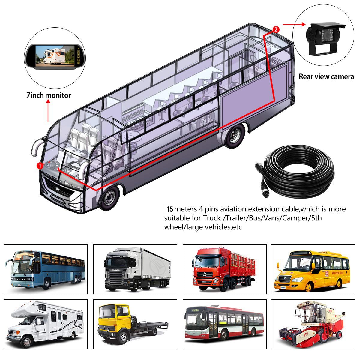 Moniteur de rétroviseur 4 broches de 17,8 cm + 18 LED Vision nocturne étanche Caméra de recul avec câble de 15 m pour camion caravane remorque camping-car 12 V-24 V
