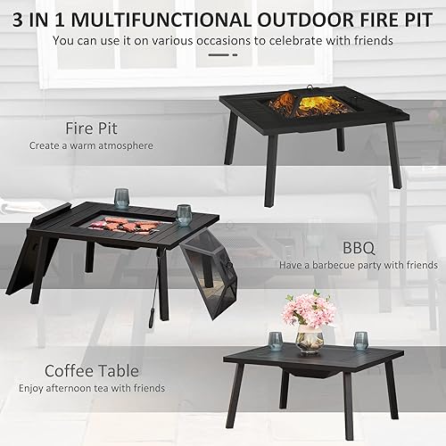 Miniatura 3 de Outsunny Fogata de 34 pulgadas con parrilla, hoguera de metal para exteriores con pantalla de chispas, póker de fuego, cubierta, labio de mesa, negro