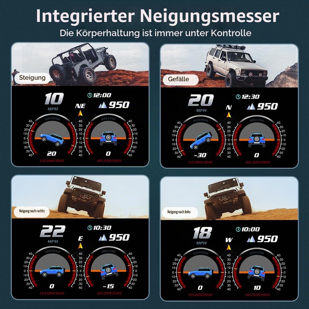 Universal Head-Up-Display (HUD) Auto – OBD2 & GPS Dual-Modus mit Neigungsmesser, Geschwindigkeitswarnung & Müdigkeitsalarm – Mehrsprachig, km/h/mph umschaltbar