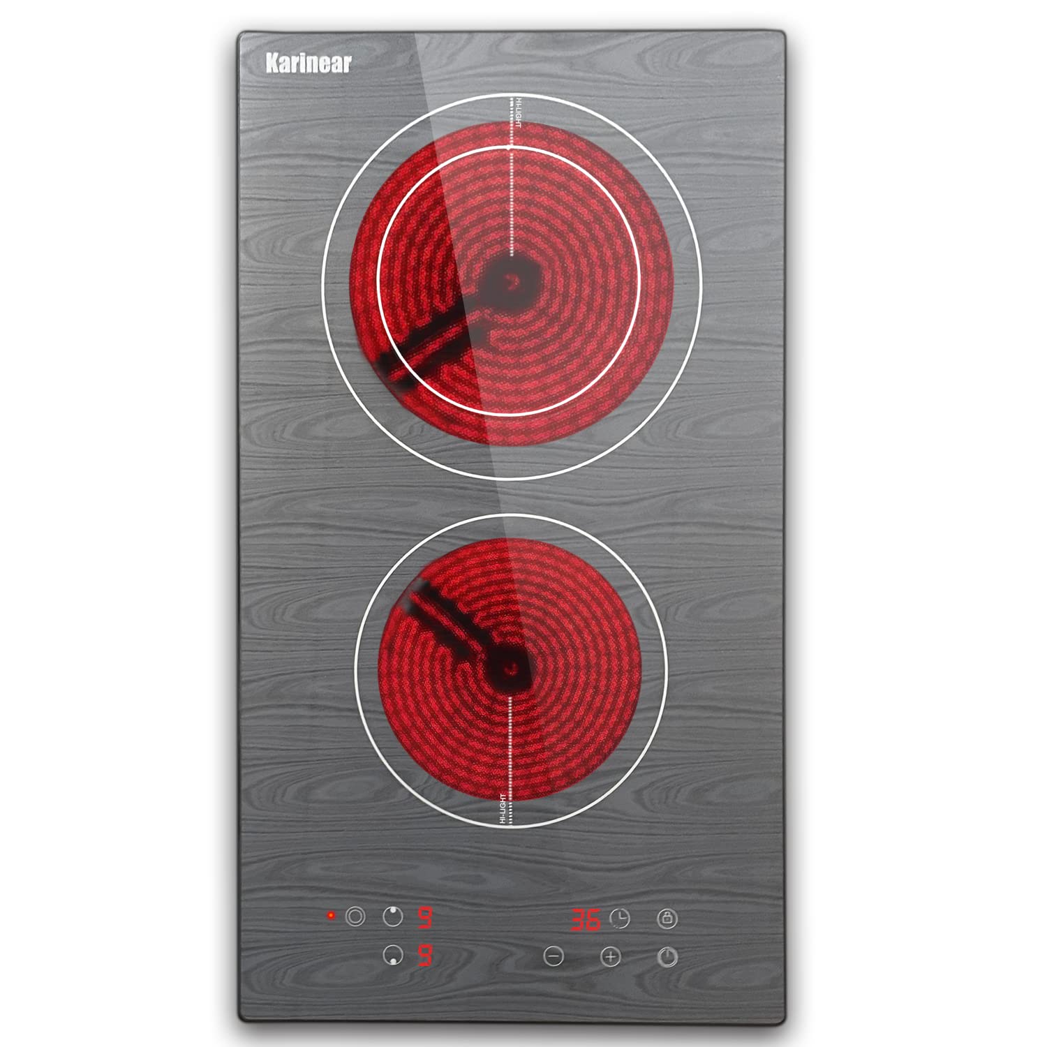 Karinear Electric Cooktop 2 Burners, 12'' Dropin Electric StoveTop with Wooden Patterned